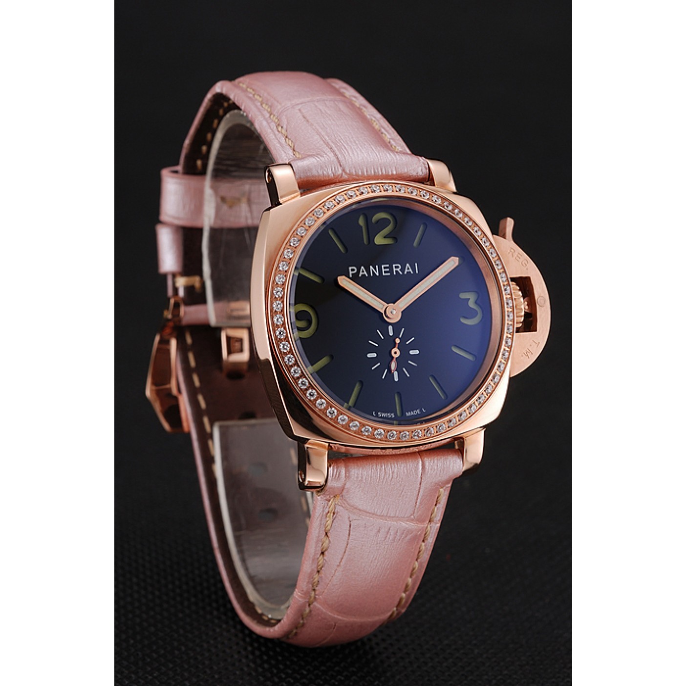 Panerai Radiomir Black Dial Diamond Bezel Rose Gold Case Pink Leather Strap 1453801