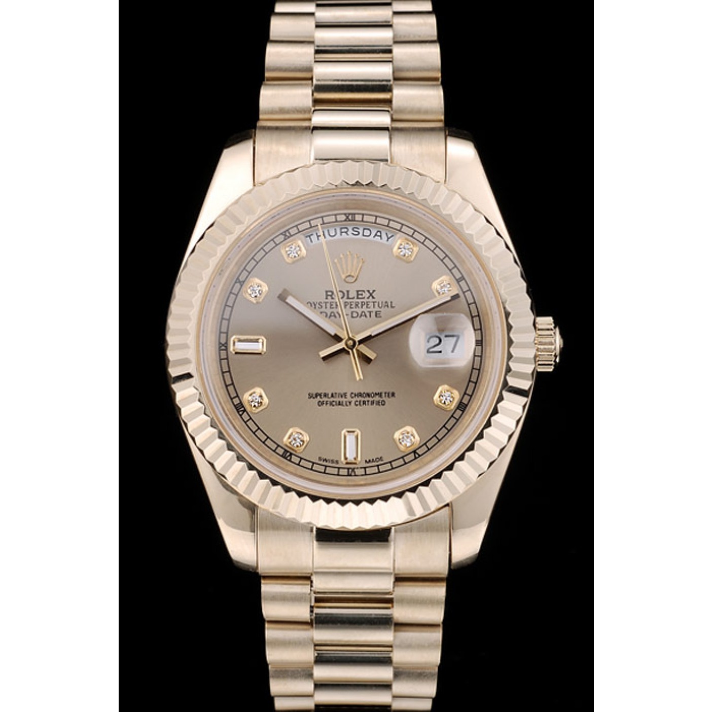 RepTime Watches Rolex Swiss DayDate Gold Stainless Steel Ribbed Bezel Gold Dial 41997