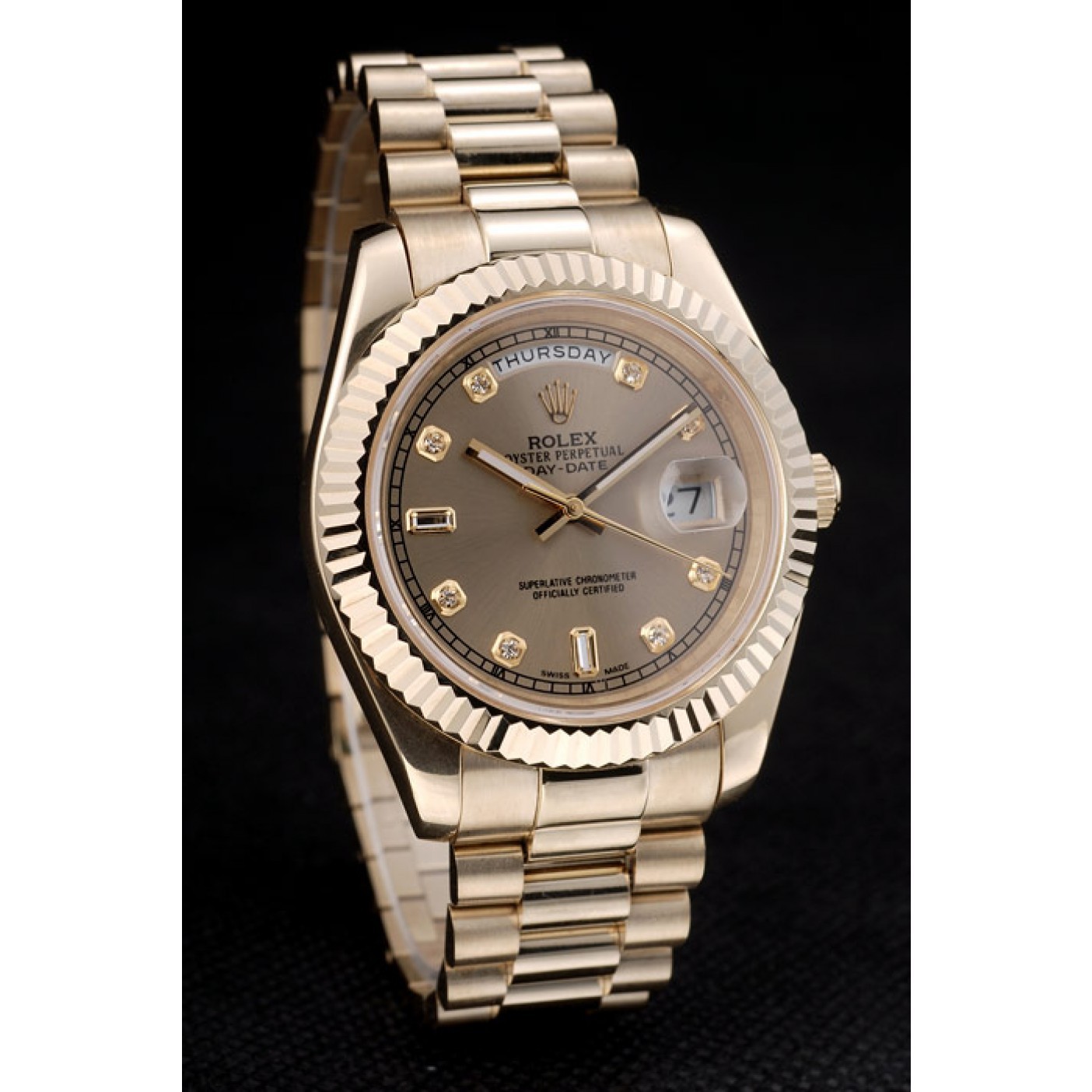 RepTime Watches Rolex Swiss DayDate Gold Stainless Steel Ribbed Bezel Gold Dial 41997