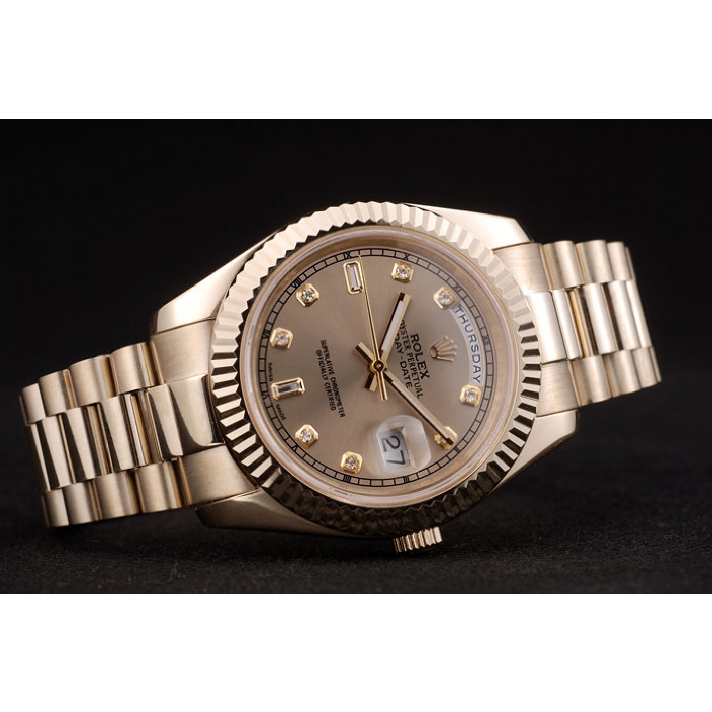 RepTime Watches Rolex Swiss DayDate Gold Stainless Steel Ribbed Bezel Gold Dial 41997