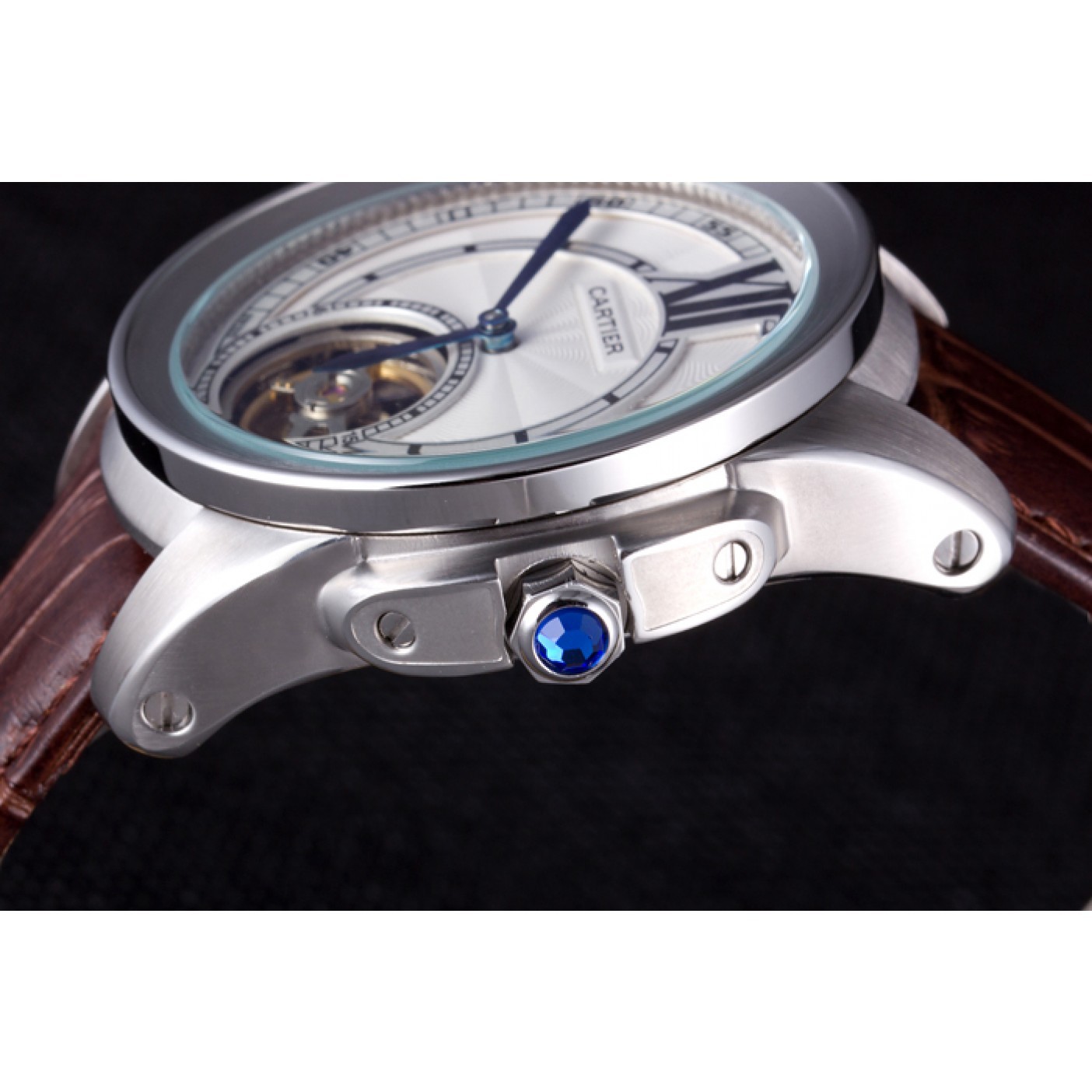 Cartier Calibre Flying Tourbillon White Dial Stainless Steel Case Brown Leather Bracelet