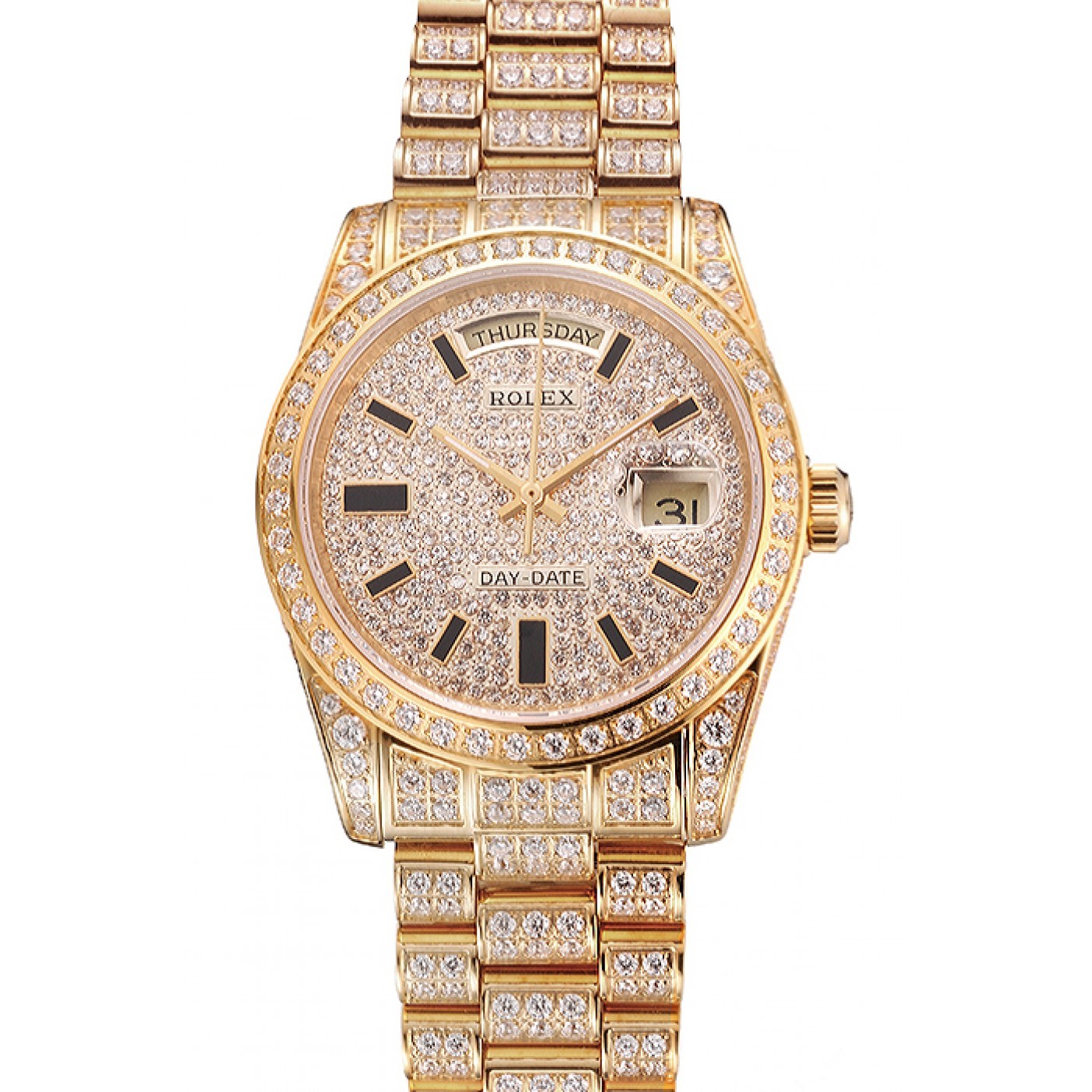 RepTime Watches Swiss Rolex Day Date Yellow Gold Full Diamond Pave