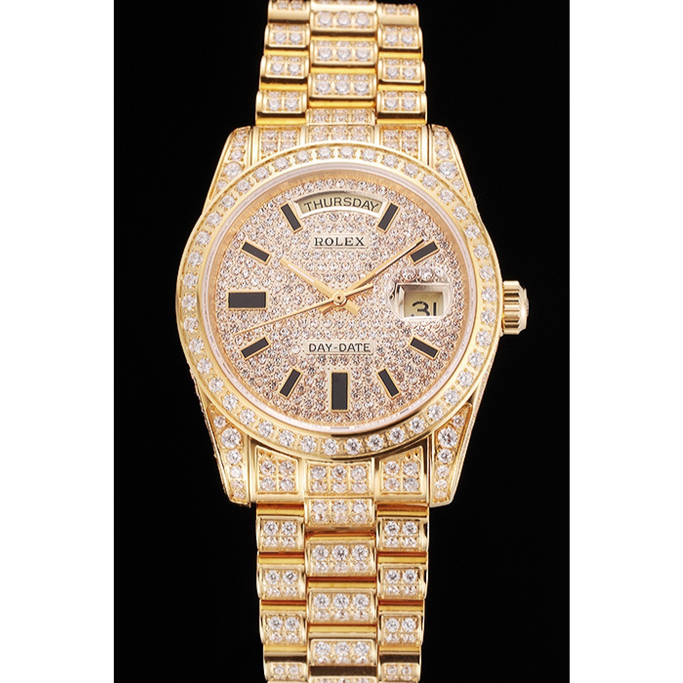 RepTime Watches Swiss Rolex Day Date Yellow Gold Full Diamond Pave