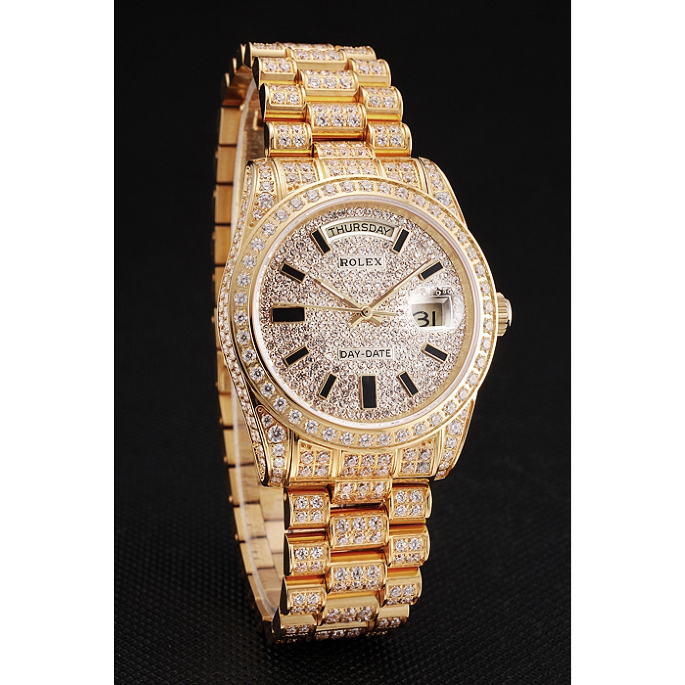 RepTime Watches Swiss Rolex Day Date Yellow Gold Full Diamond Pave