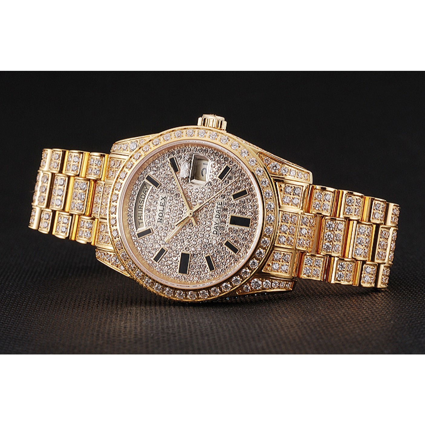 RepTime Watches Swiss Rolex Day Date Yellow Gold Full Diamond Pave