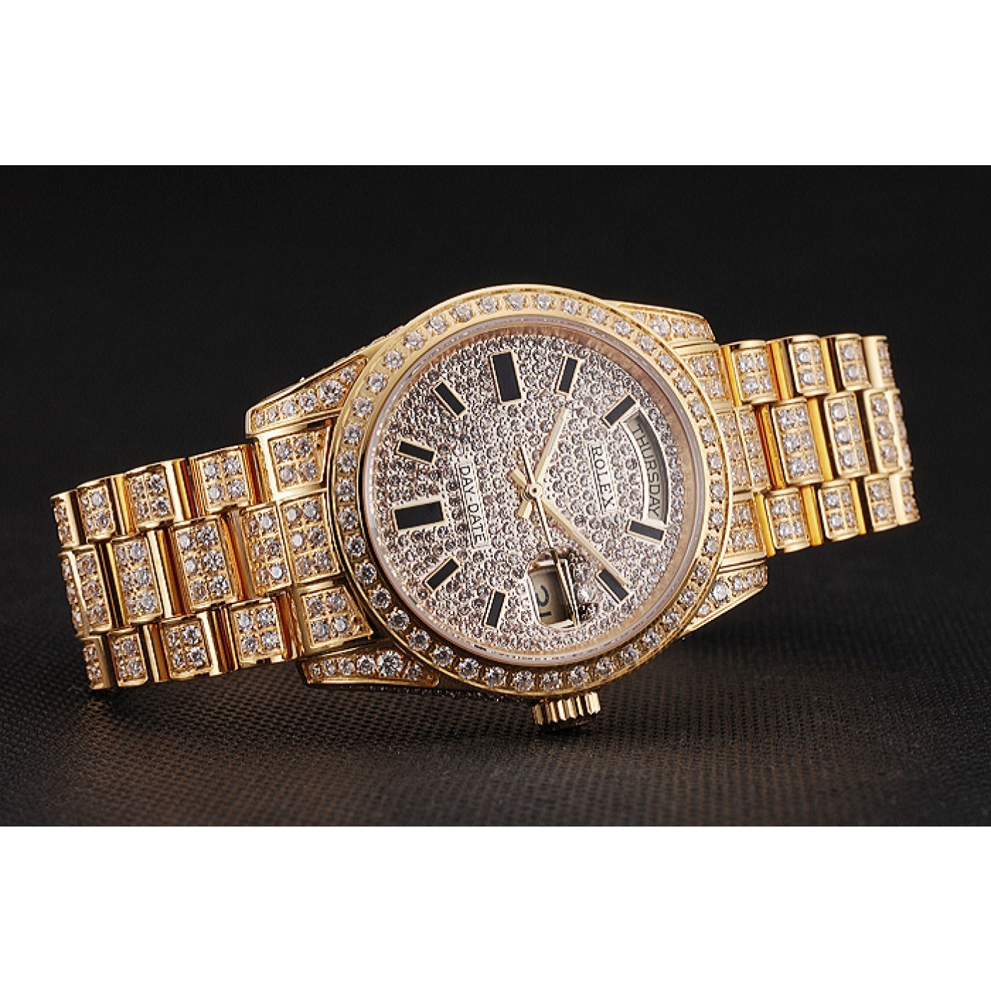 RepTime Watches Swiss Rolex Day Date Yellow Gold Full Diamond Pave