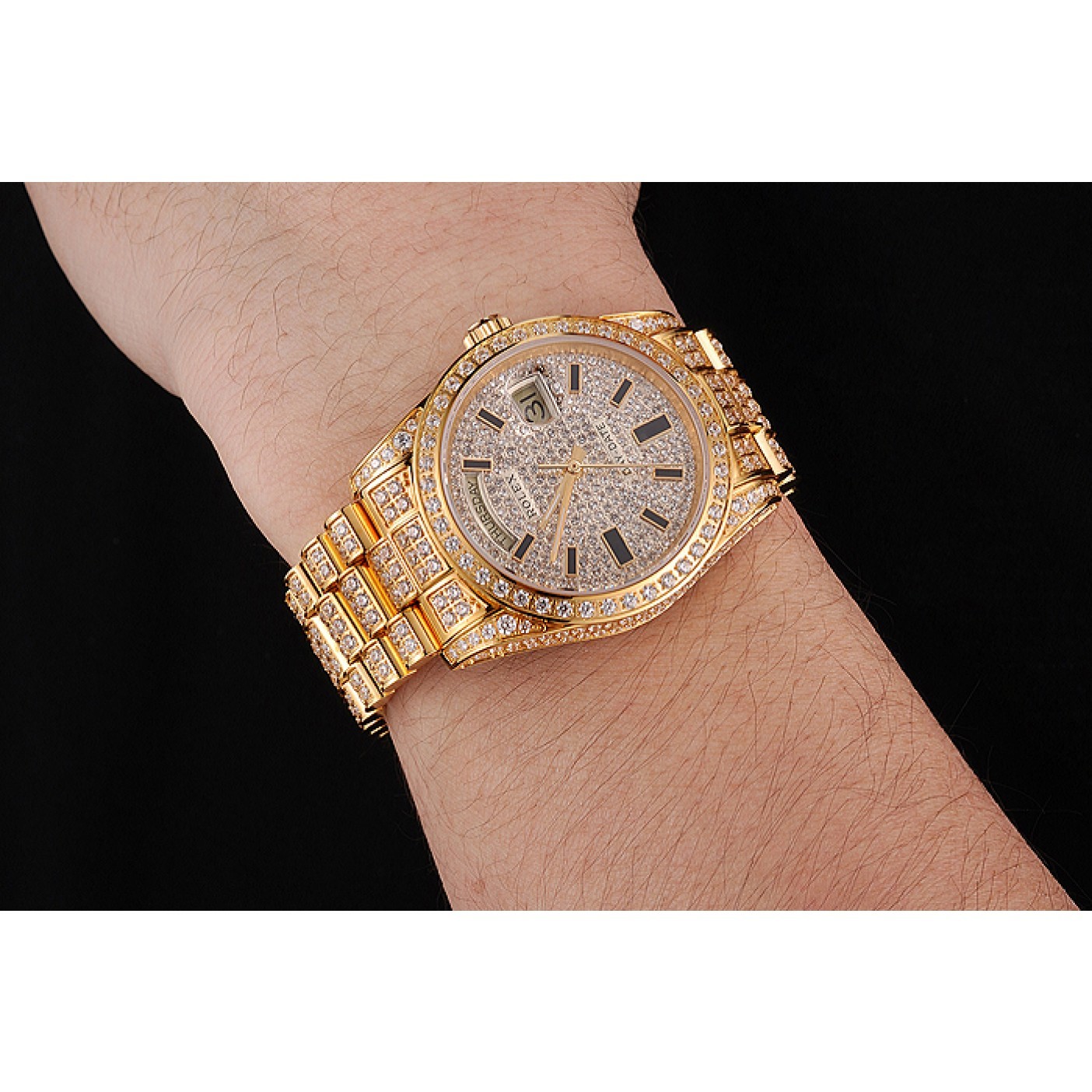 RepTime Watches Swiss Rolex Day Date Yellow Gold Full Diamond Pave