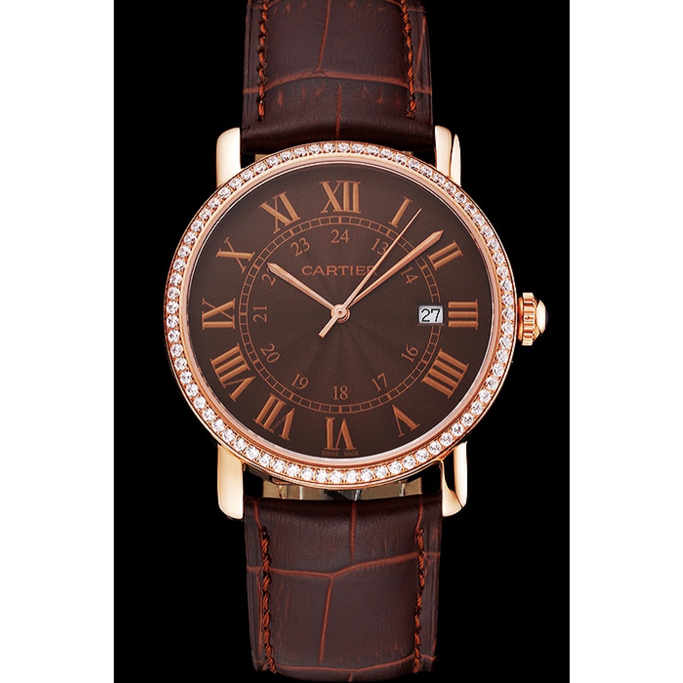 Cartier Ronde Solo Brown Dial Diamond Bezel Rose Gold Case Brown Leather Strap