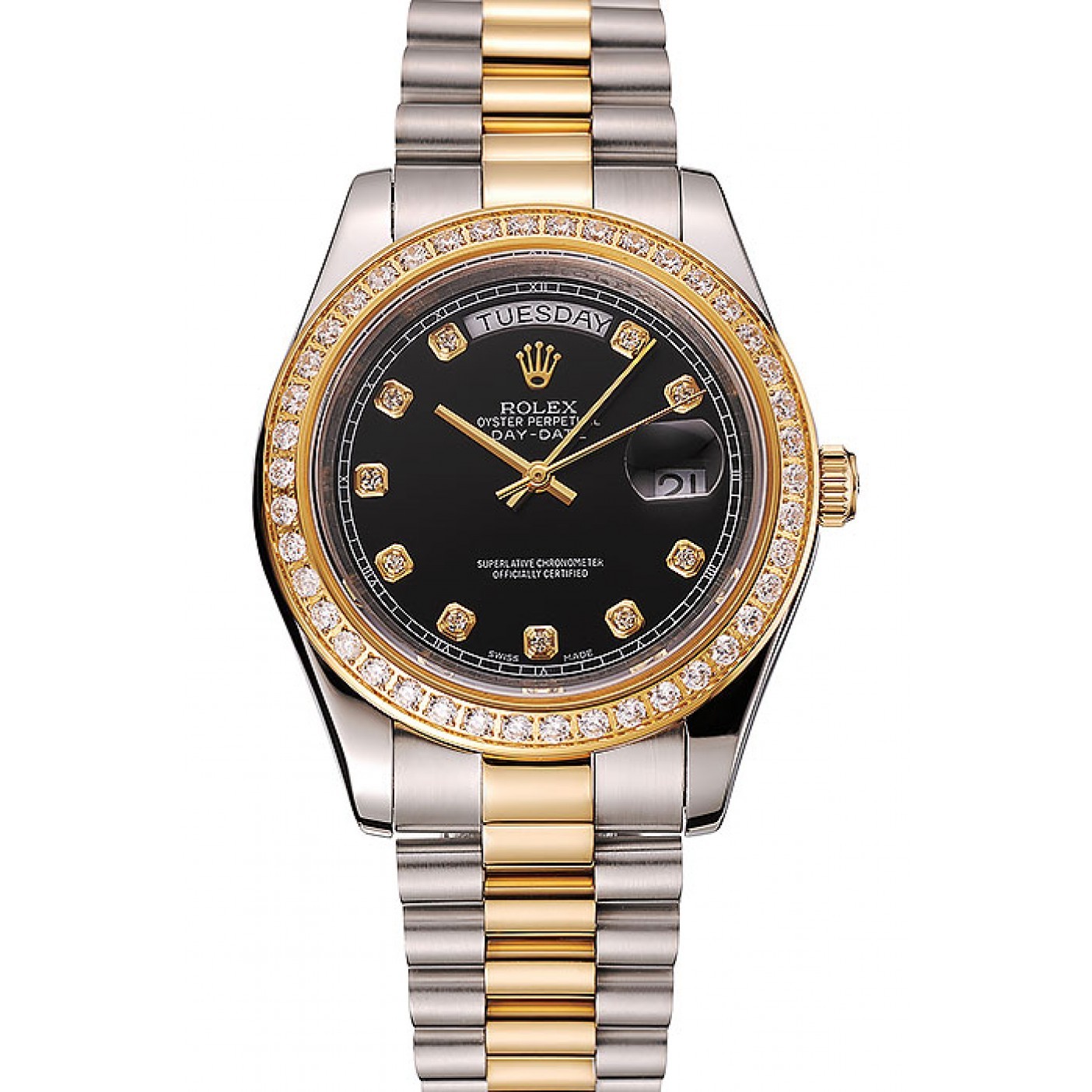 RepTime Watches Swiss Rolex Day-Date Black Dial Gold Diamond Case Two Tone Stainless Steel Bracelet 1453975