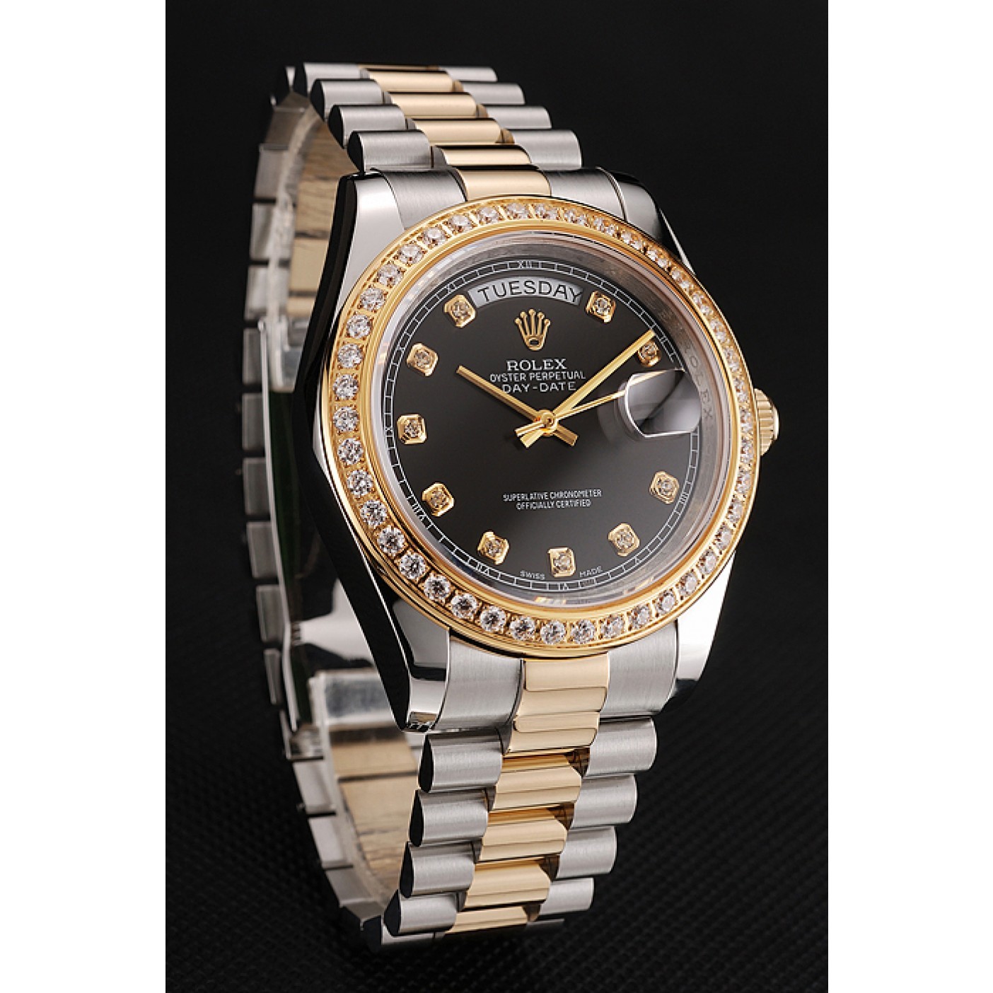 RepTime Watches Swiss Rolex Day-Date Black Dial Gold Diamond Case Two Tone Stainless Steel Bracelet 1453975