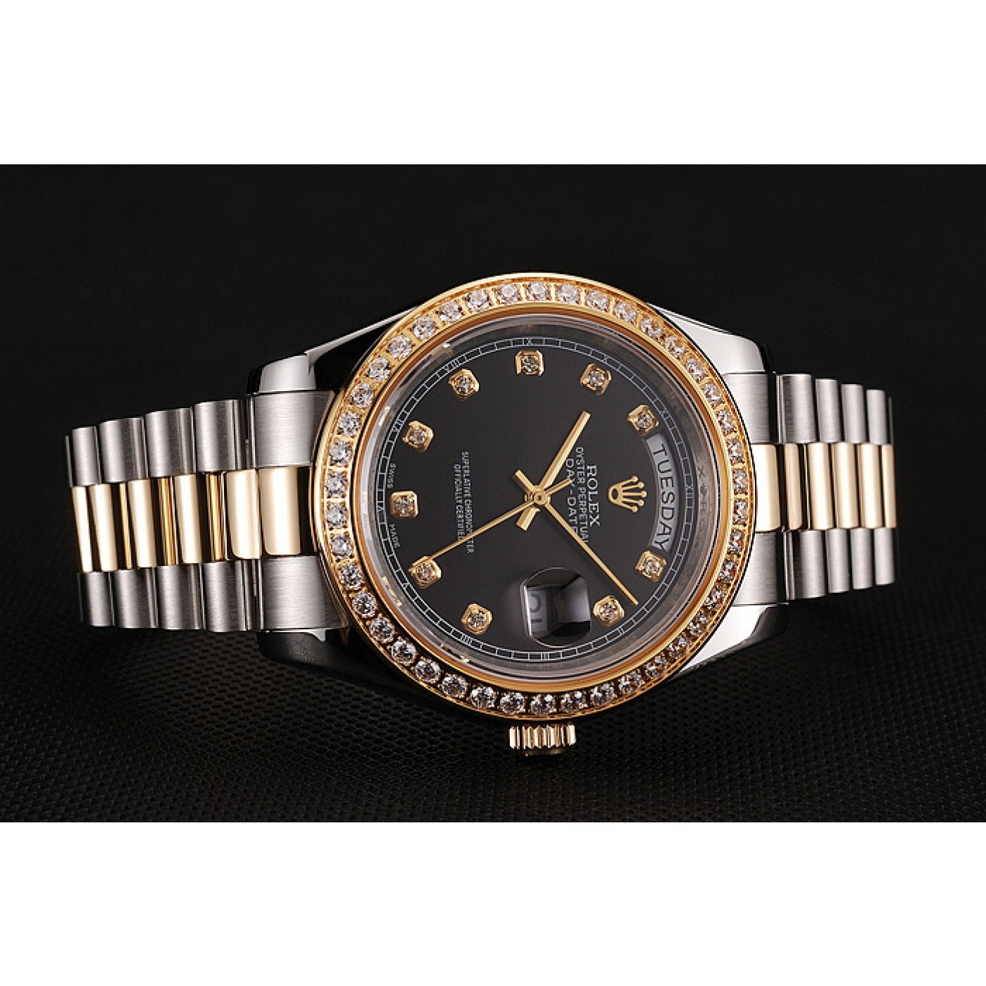 Swiss Rolex Day-Date Black Dial Gold Diamond Case Two Tone Stainless Steel Bracelet 1453975