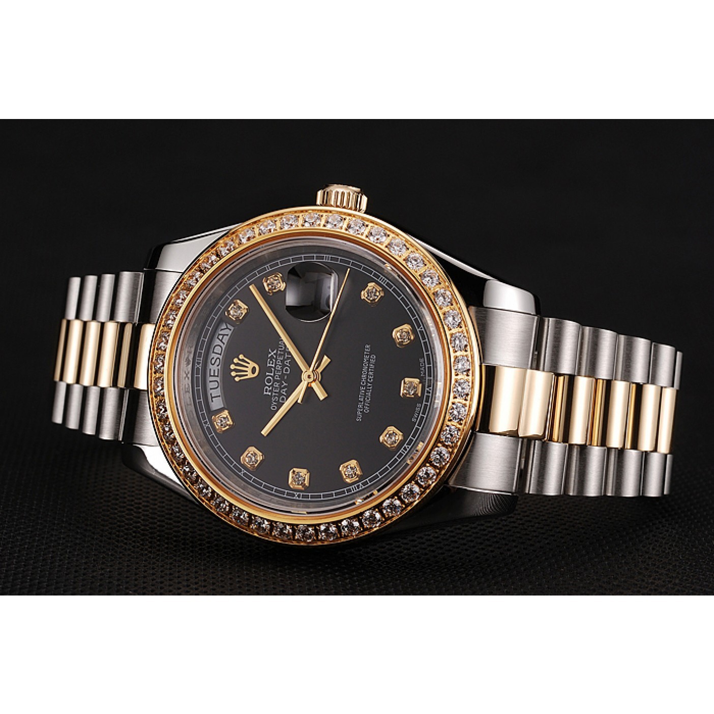 RepTime Watches Swiss Rolex Day-Date Black Dial Gold Diamond Case Two Tone Stainless Steel Bracelet 1453975