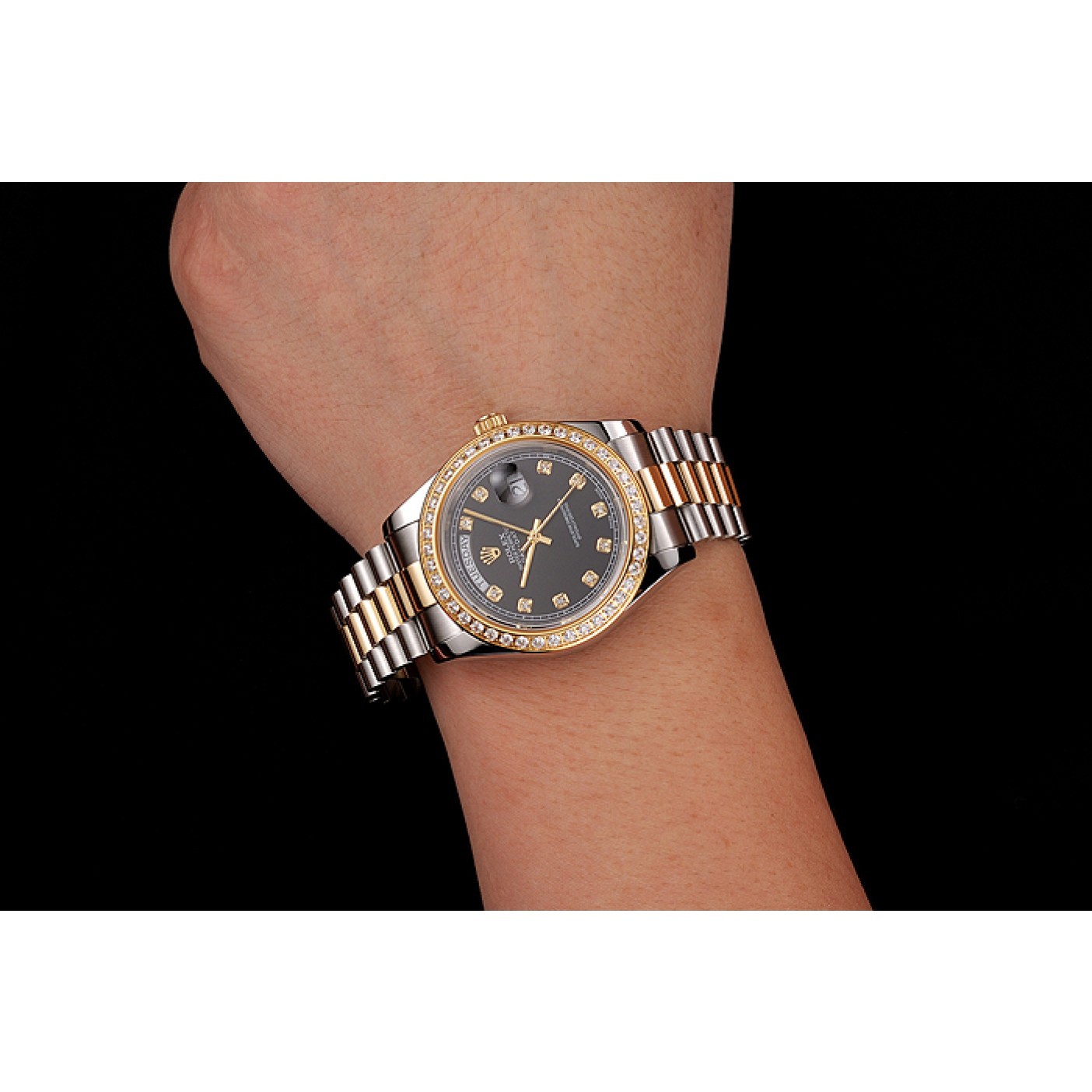 RepTime Watches Swiss Rolex Day-Date Black Dial Gold Diamond Case Two Tone Stainless Steel Bracelet 1453975