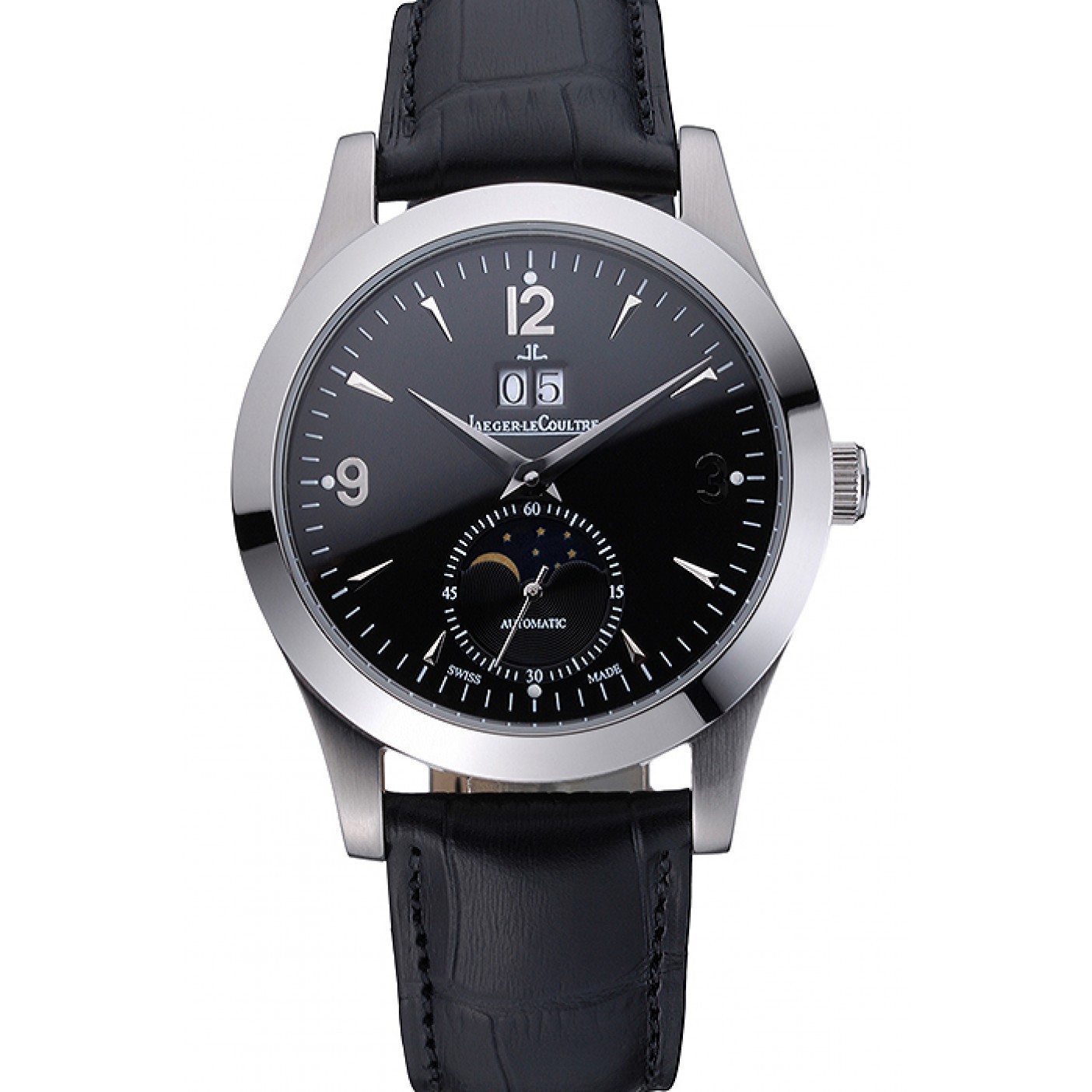 Jaeger LeCoultre Master Black Dial Black Leather Band Stainless Steel Bezel 622079