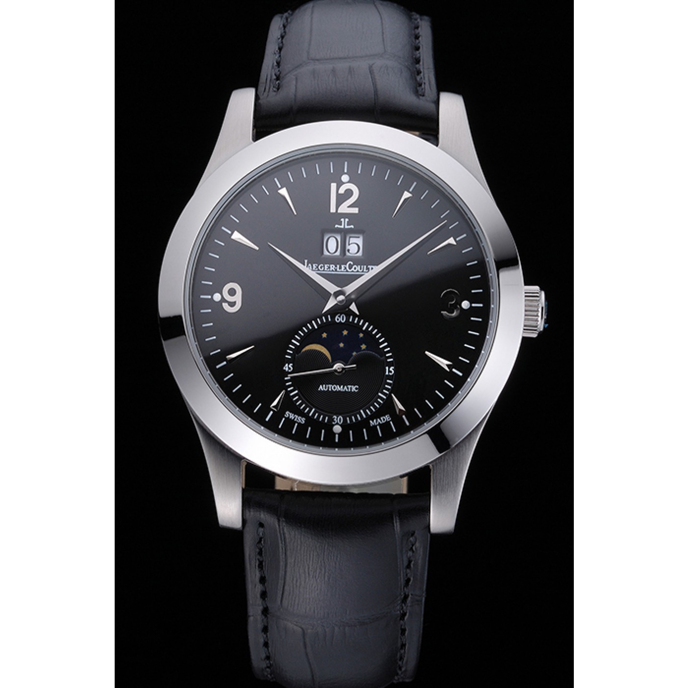 Jaeger LeCoultre Master Black Dial Black Leather Band Stainless Steel Bezel 622079