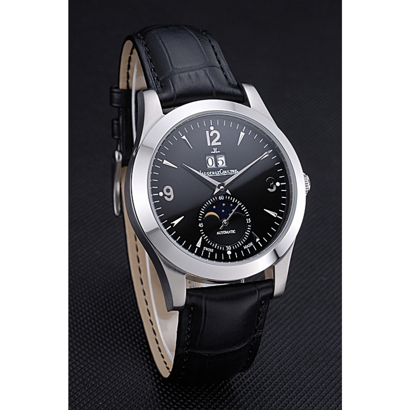 Jaeger LeCoultre Master Black Dial Black Leather Band Stainless Steel Bezel 622079