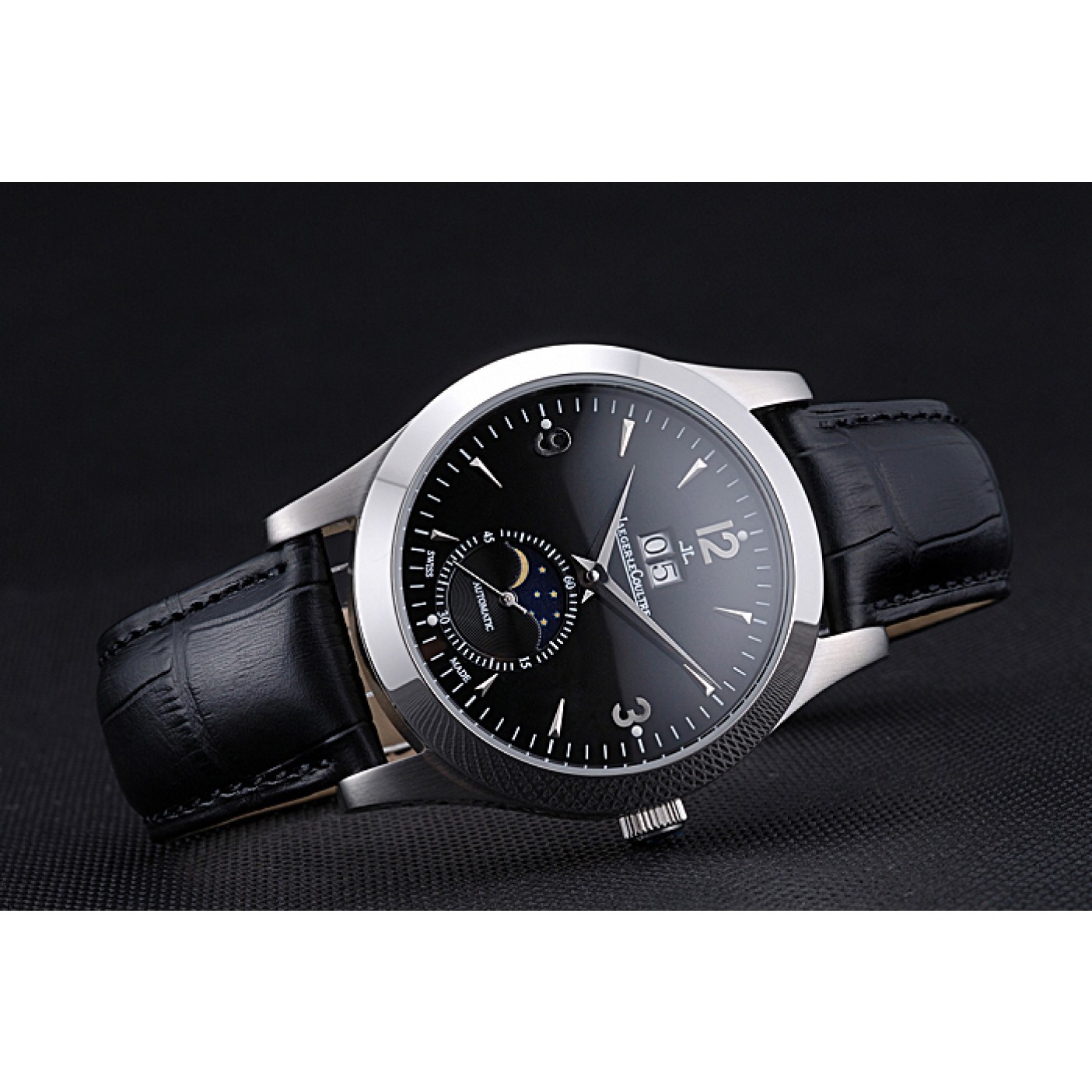 Jaeger LeCoultre Master Black Dial Black Leather Band Stainless Steel Bezel 622079