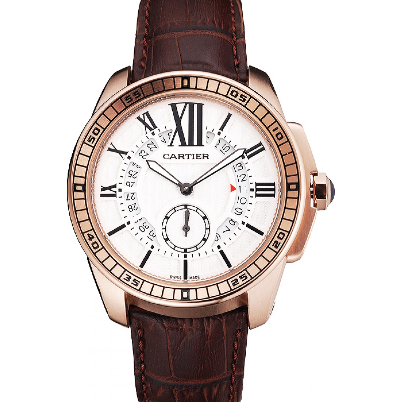 Cartier Calibre De Cartier Small Seconds White Dial Rose Gold Case Brown Leather Strap