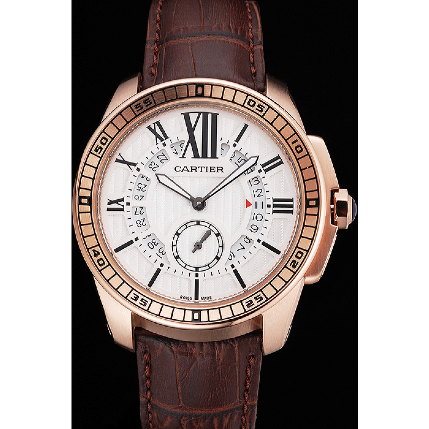 Cartier Calibre De Cartier Small Seconds White Dial Rose Gold Case Brown Leather Strap