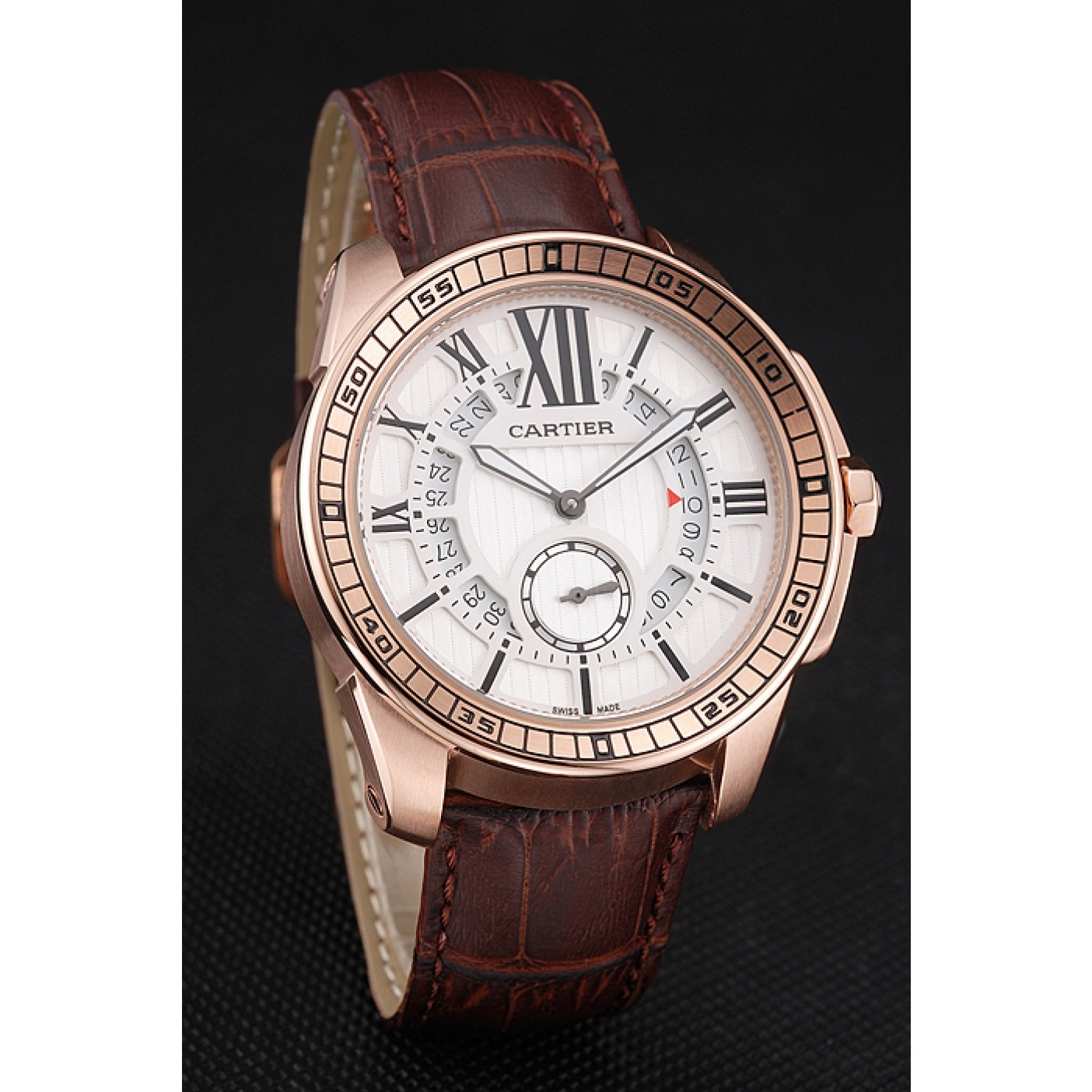 Cartier Calibre De Cartier Small Seconds White Dial Rose Gold Case Brown Leather Strap