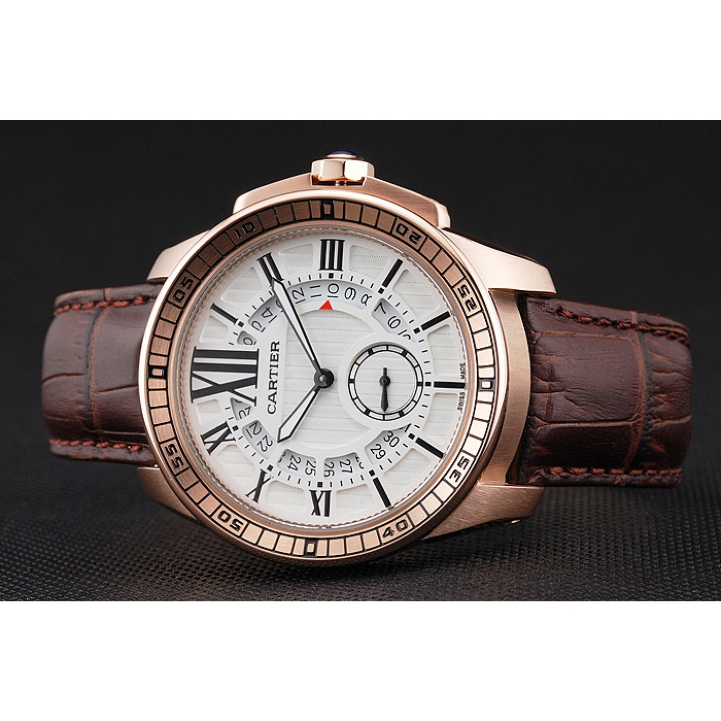 Cartier Calibre De Cartier Small Seconds White Dial Rose Gold Case Brown Leather Strap