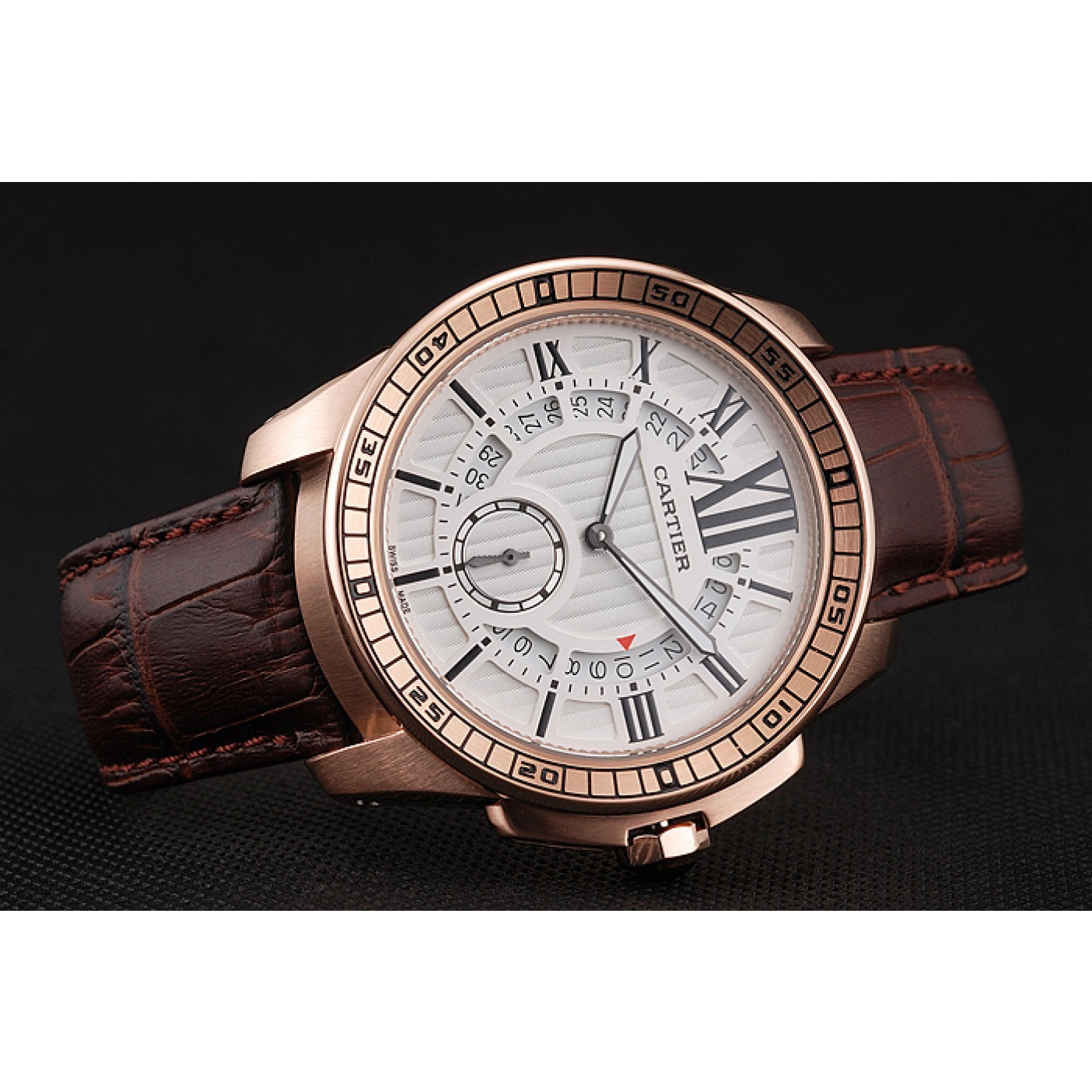 Cartier Calibre De Cartier Small Seconds White Dial Rose Gold Case Brown Leather Strap