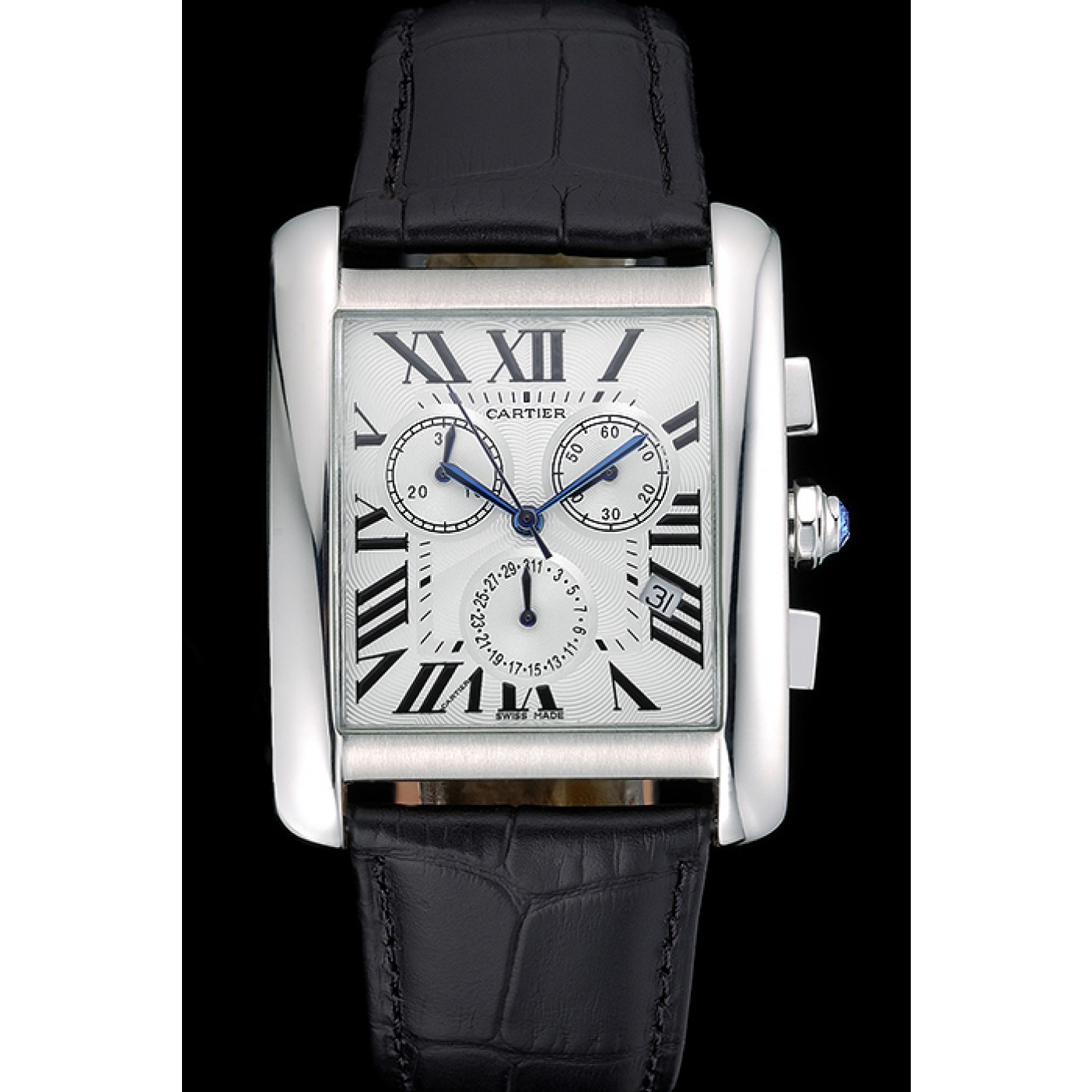 Rep Cartier Tank MC White Dial Stainless Steel Case Black Leather Bracelet 622689