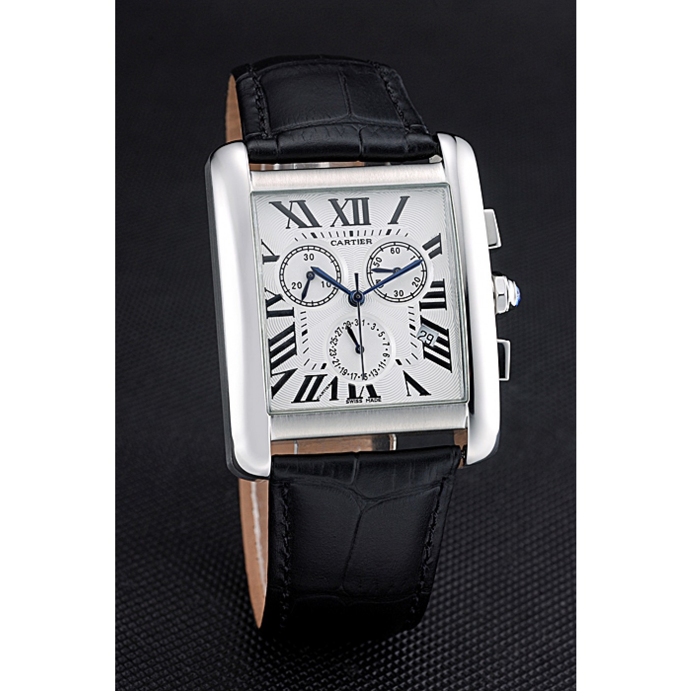 Rep Cartier Tank MC White Dial Stainless Steel Case Black Leather Bracelet 622689