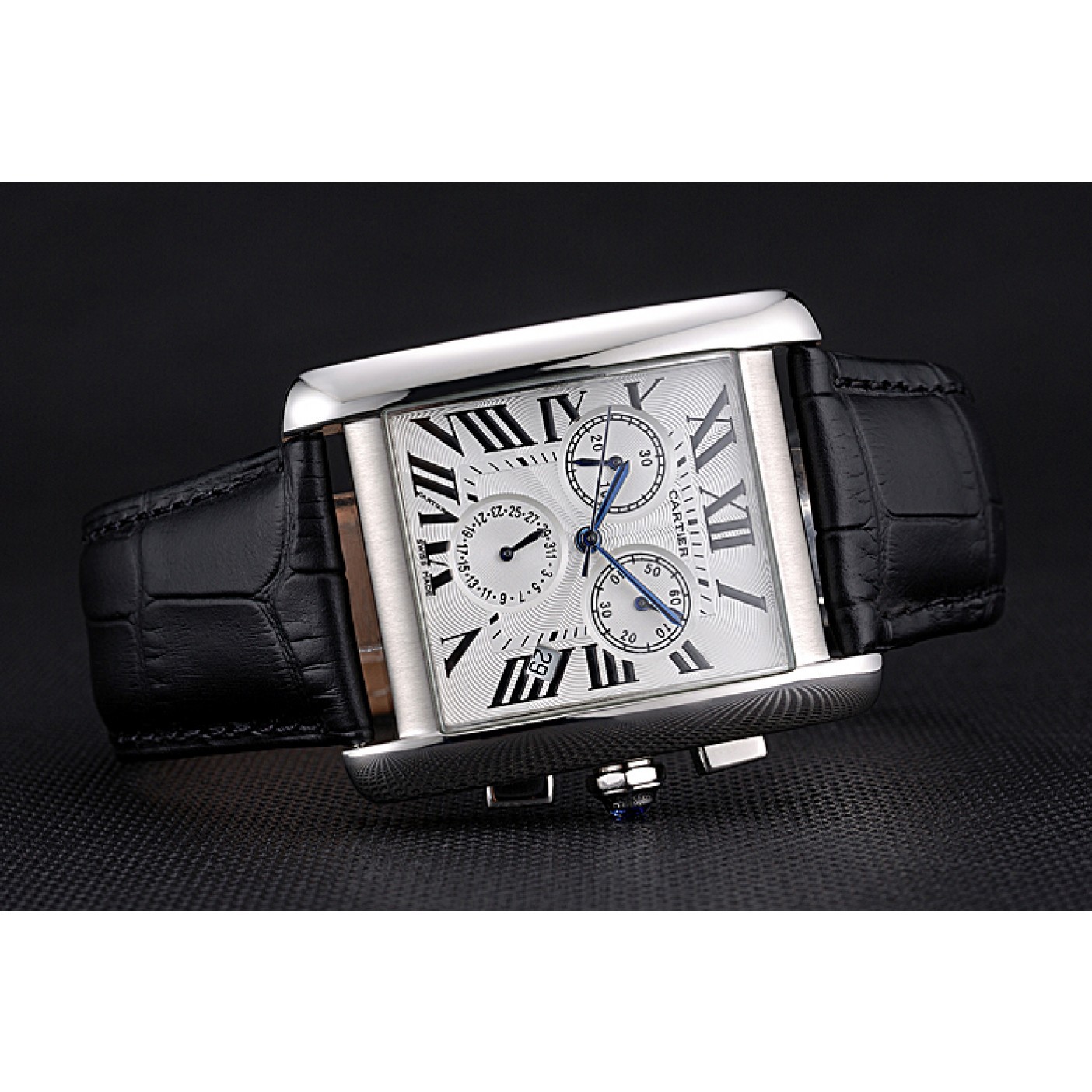 Rep Cartier Tank MC White Dial Stainless Steel Case Black Leather Bracelet 622689