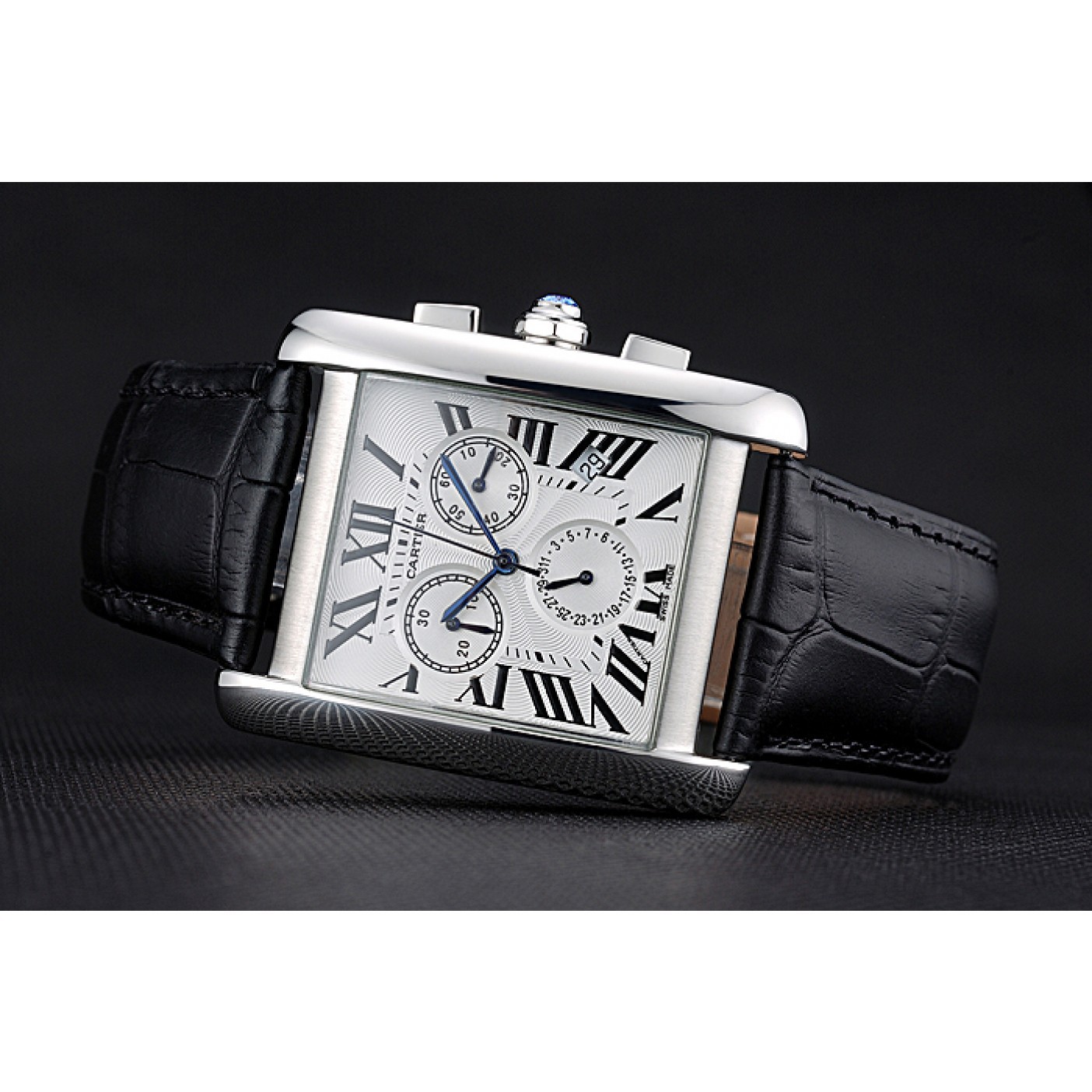 Rep Cartier Tank MC White Dial Stainless Steel Case Black Leather Bracelet 622689