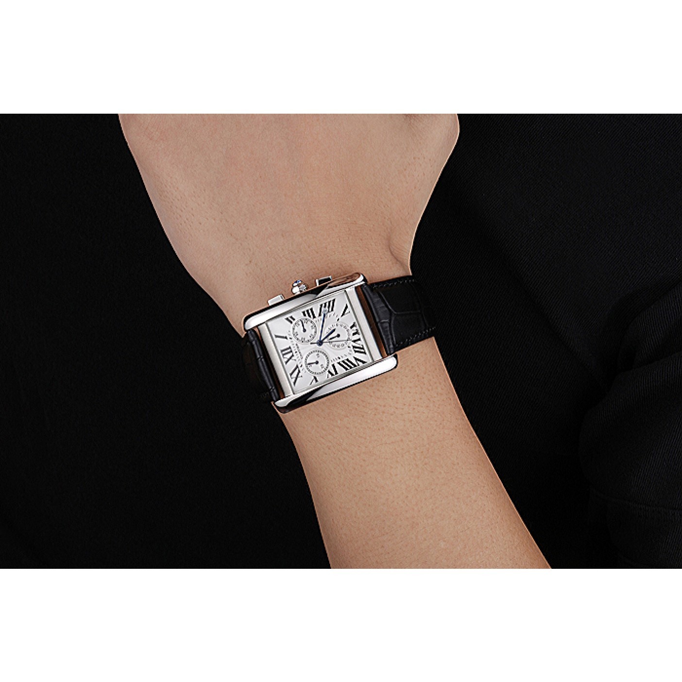 Rep Cartier Tank MC White Dial Stainless Steel Case Black Leather Bracelet 622689