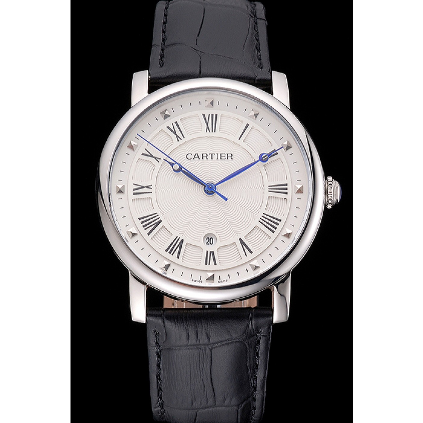 Fake Cartier Rotonde Date White Dial Stainless Steel Case Black Leather Strap