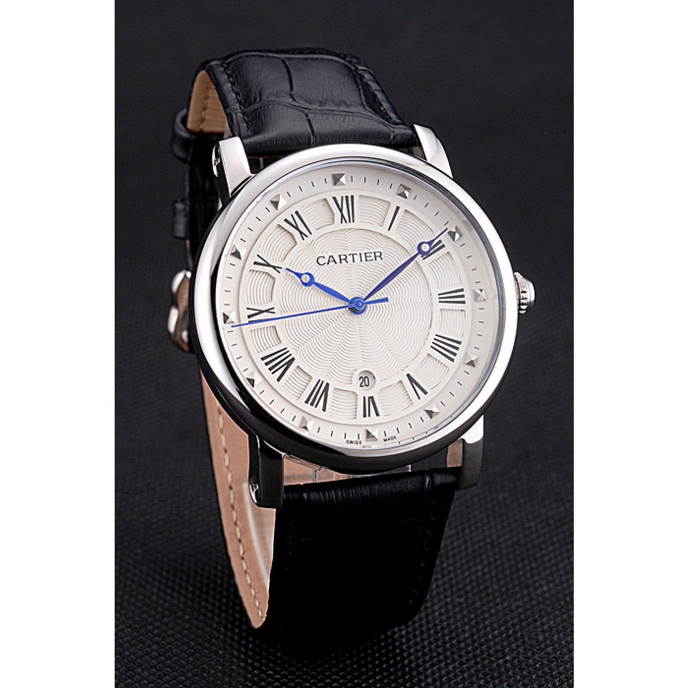 Fake Cartier Rotonde Date White Dial Stainless Steel Case Black Leather Strap