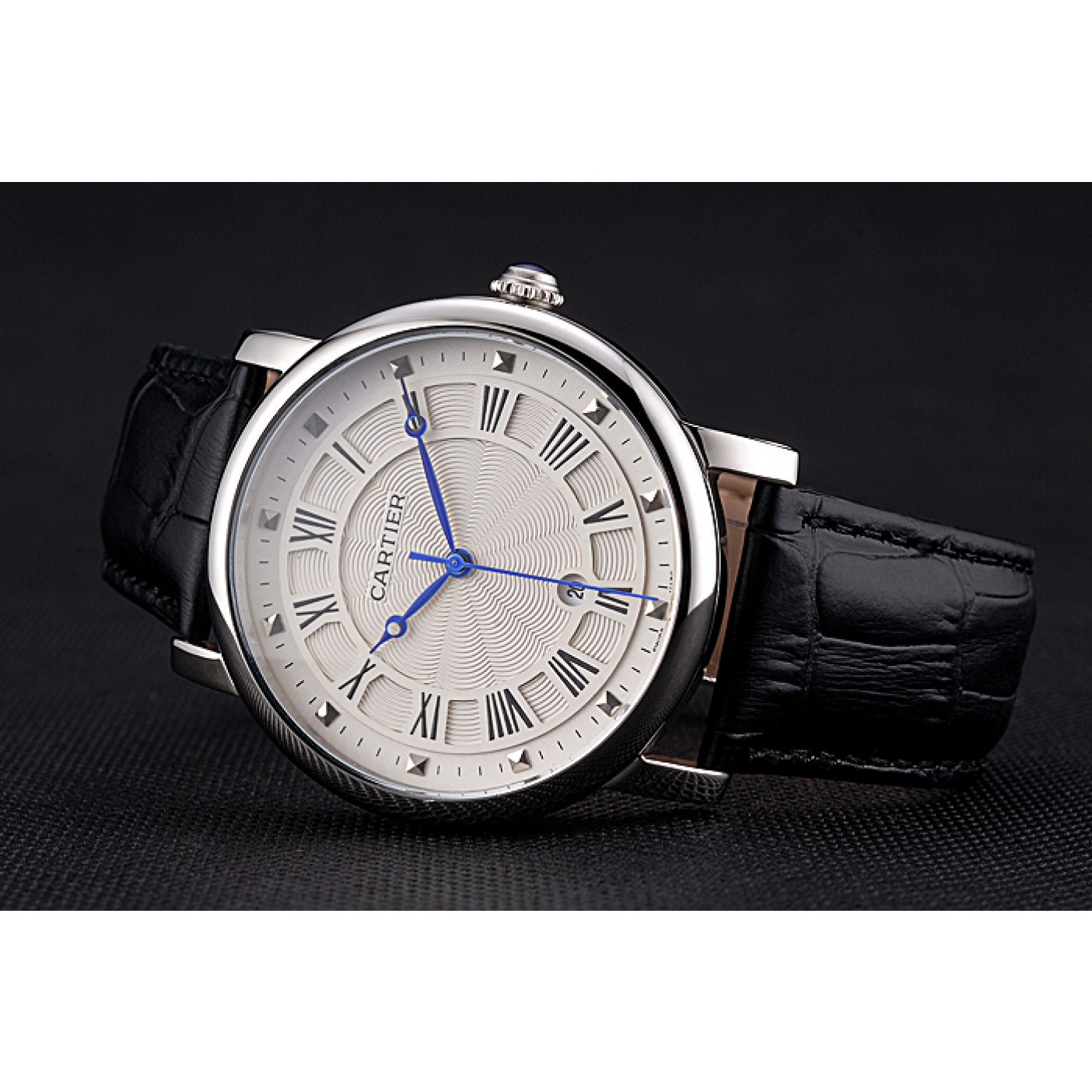 Fake Cartier Rotonde Date White Dial Stainless Steel Case Black Leather Strap