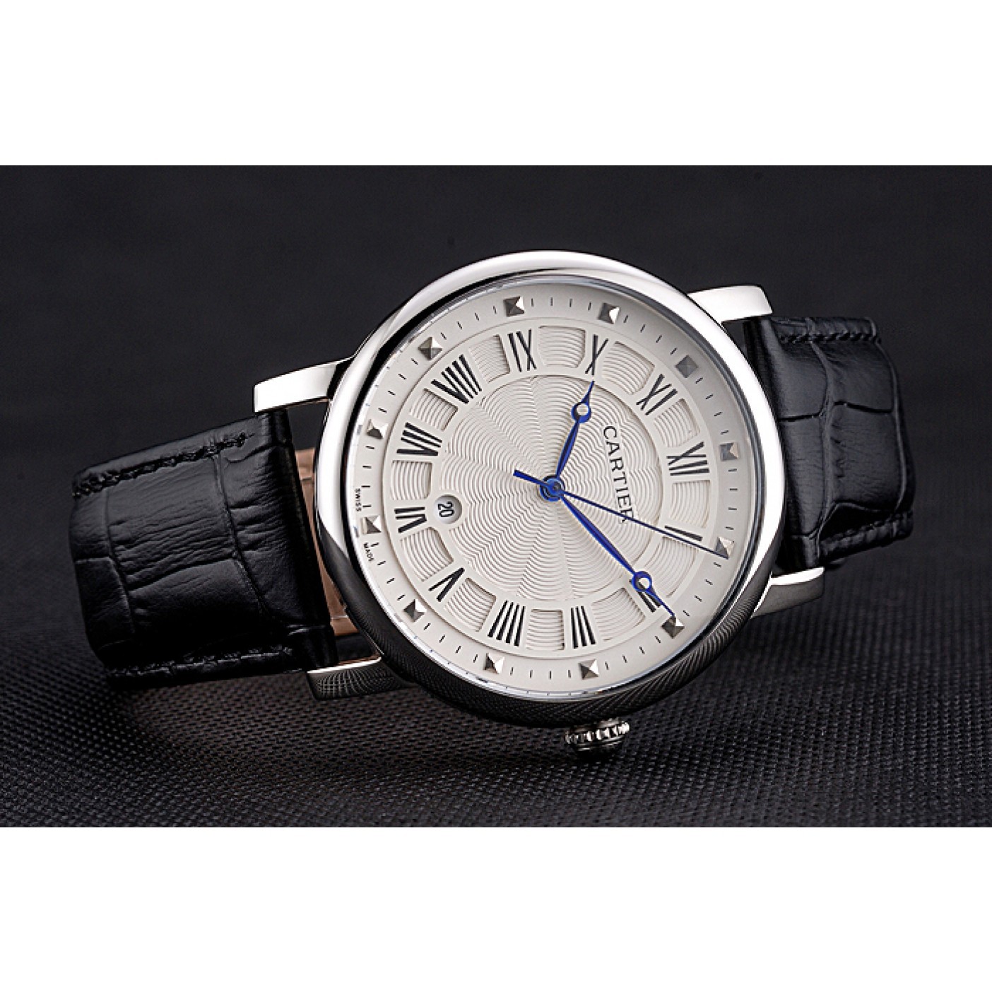 Fake Cartier Rotonde Date White Dial Stainless Steel Case Black Leather Strap