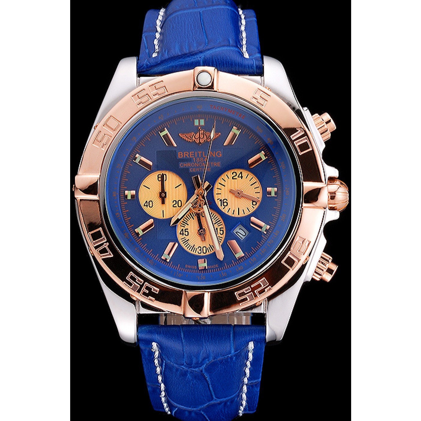 Breitling Chronomat Blue Dial Rose Gold Bezel And Subdials Stainless Steel Case Blue Leather Strap