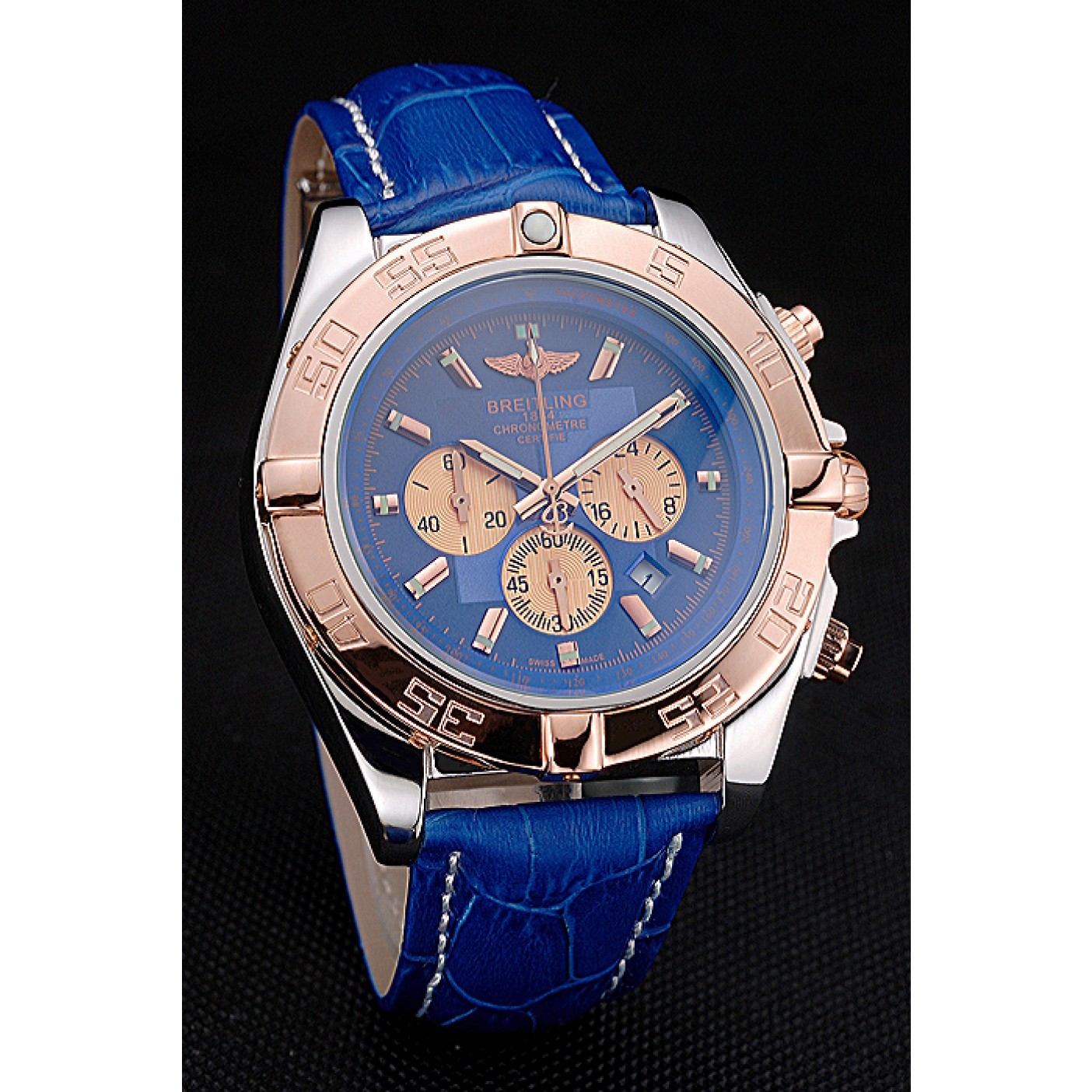 Breitling Chronomat Blue Dial Rose Gold Bezel And Subdials Stainless Steel Case Blue Leather Strap