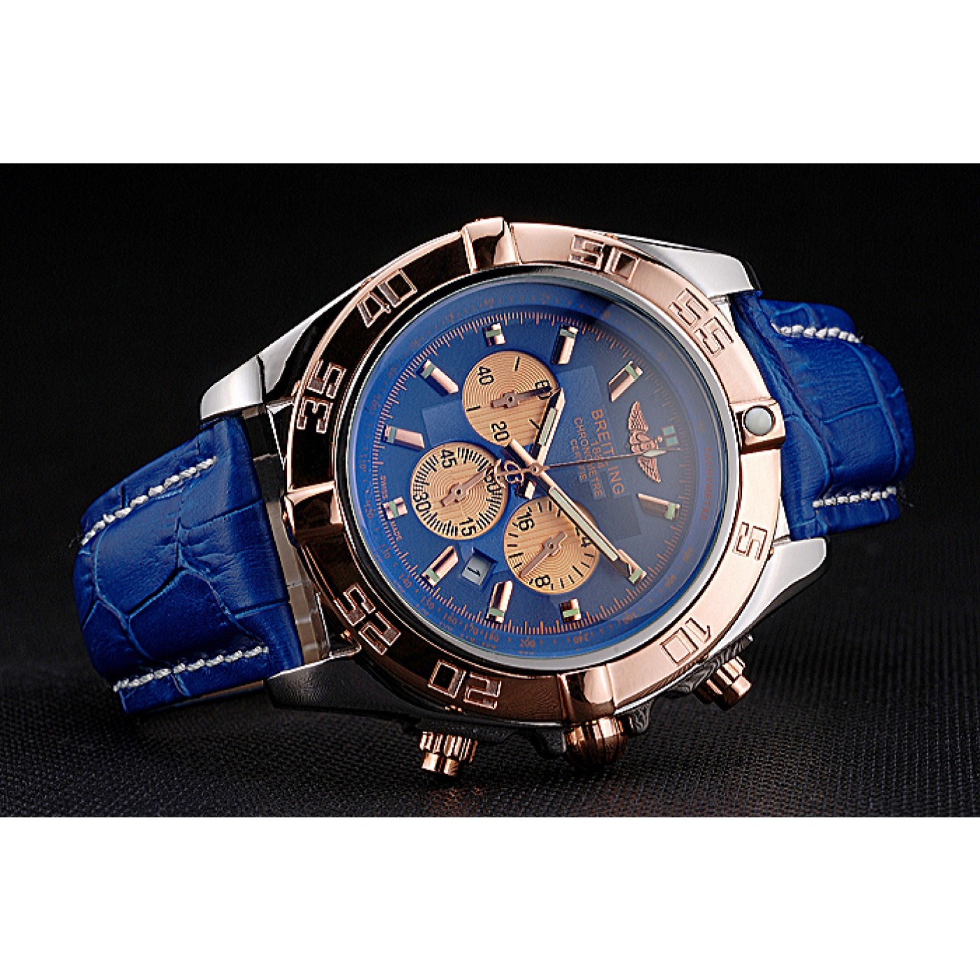 Breitling Chronomat Blue Dial Rose Gold Bezel And Subdials Stainless Steel Case Blue Leather Strap