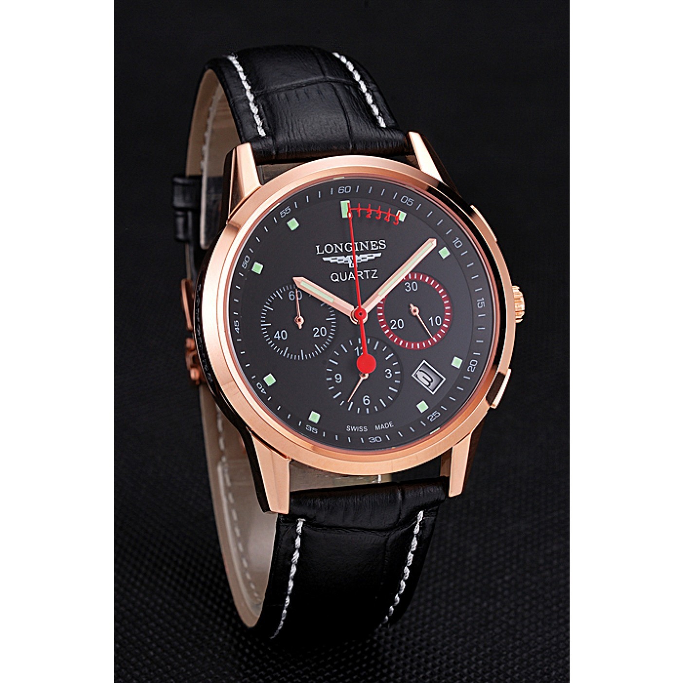 Longines Column Wheel Black Dial Gold Case Black Leather Strap