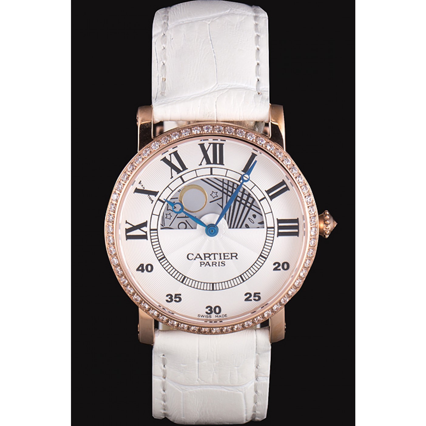 Cheap Cartier Moonphase Rose Gold Watch with White Leather Band ct254 621373