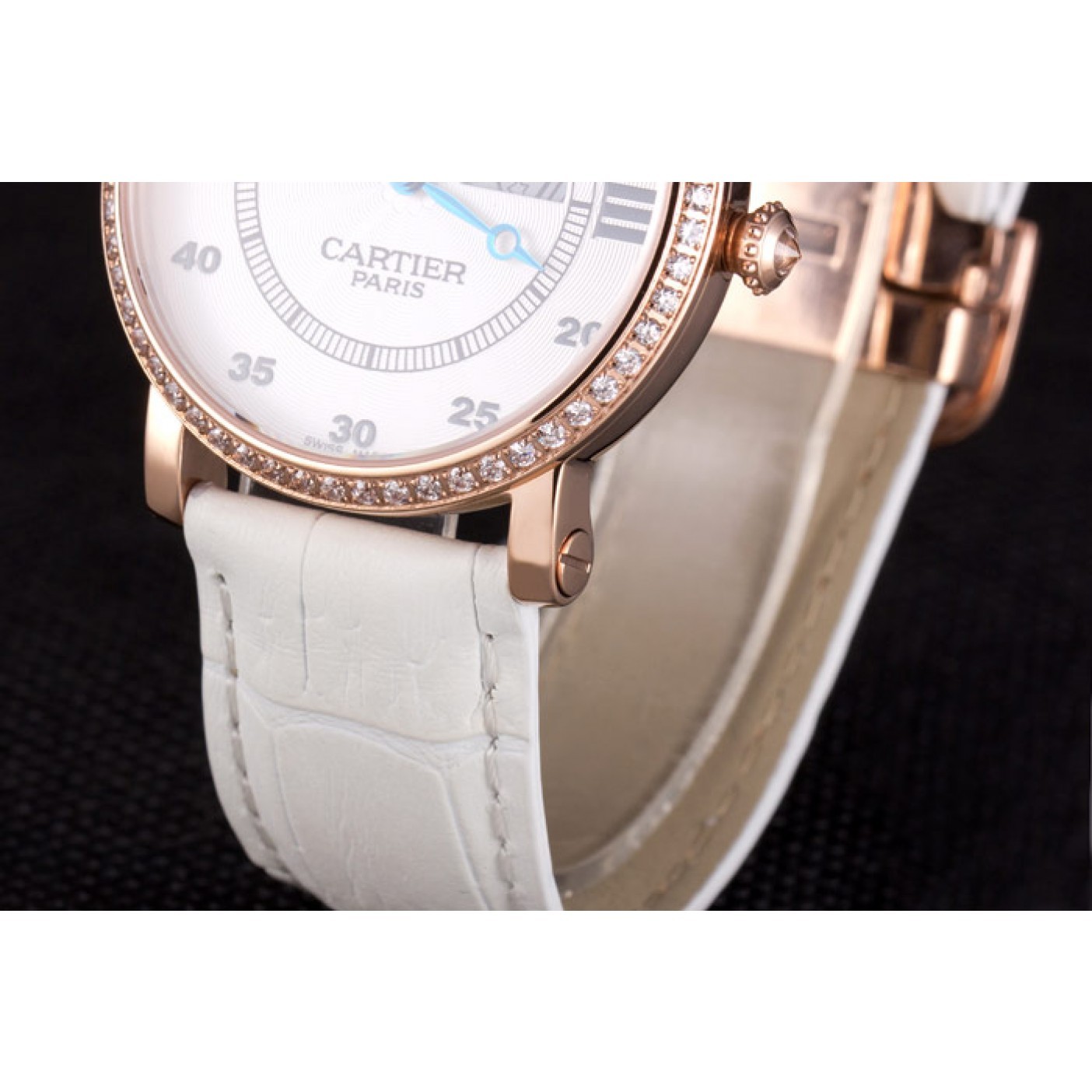 Cheap Cartier Moonphase Rose Gold Watch with White Leather Band ct254 621373