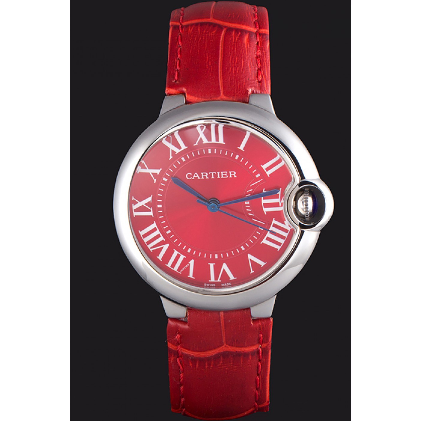 Cheap Cartier Ballon Bleu Silver Bezel with Red Dial and Red Leather Band 621556