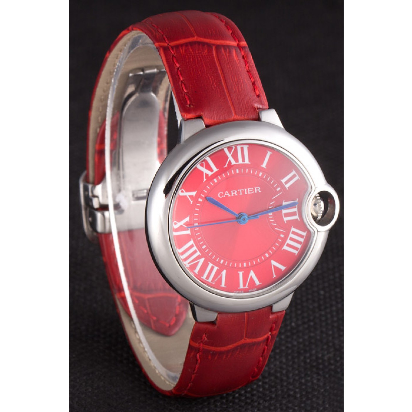 Cheap Cartier Ballon Bleu Silver Bezel with Red Dial and Red Leather Band 621556