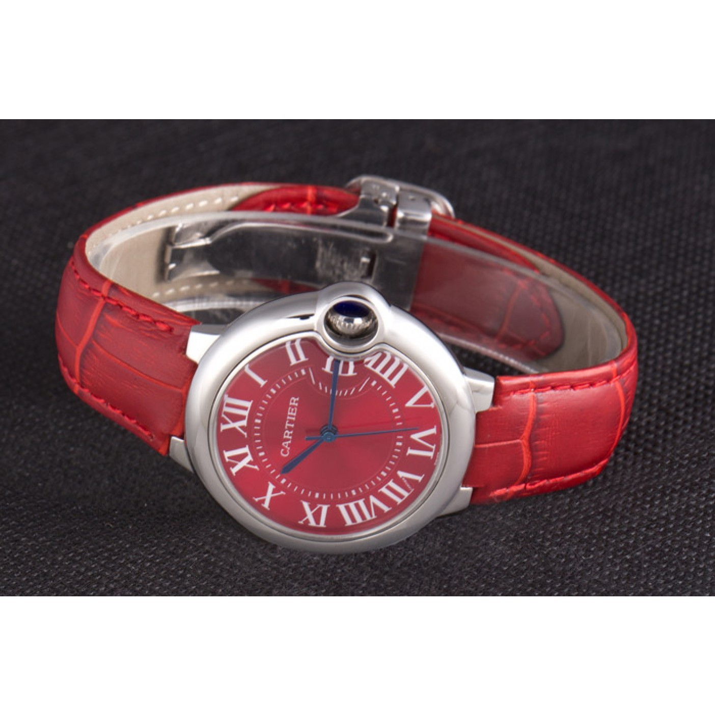 Cheap Cartier Ballon Bleu Silver Bezel with Red Dial and Red Leather Band 621556