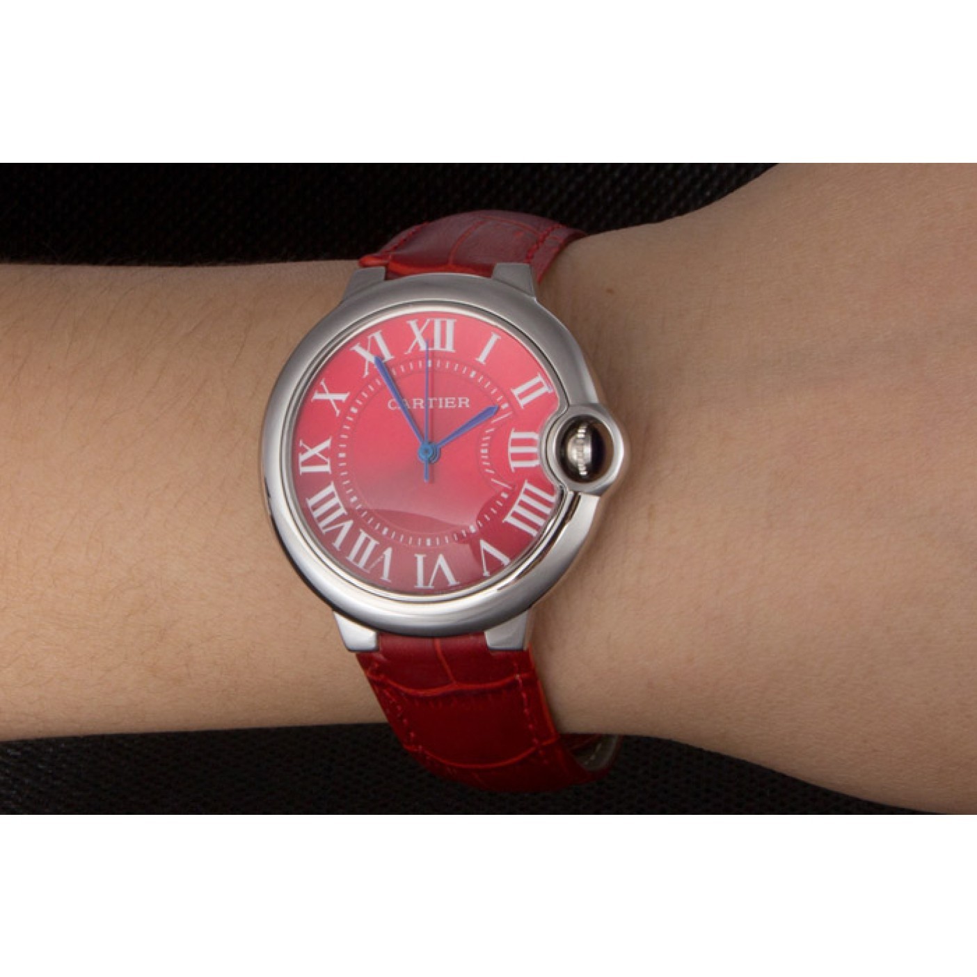 Cheap Cartier Ballon Bleu Silver Bezel with Red Dial and Red Leather Band 621556