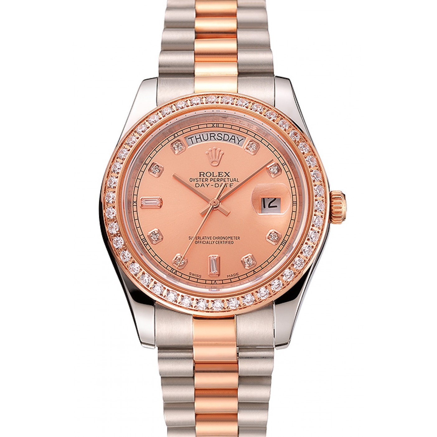 RepTime Watches Swiss Rolex Day-Date Diamonds Bezel Rose Gold And Staineless Steel Bracelet 1454107