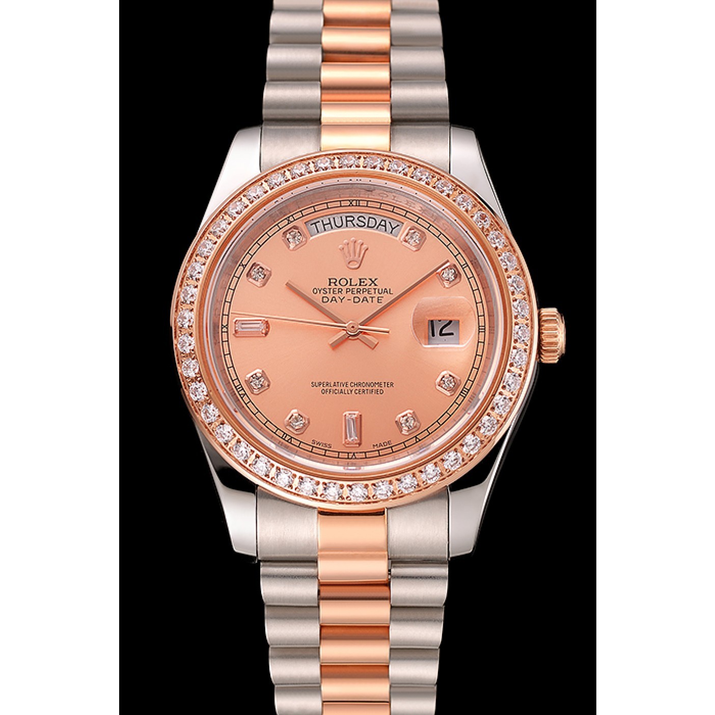 RepTime Watches Swiss Rolex Day-Date Diamonds Bezel Rose Gold And Staineless Steel Bracelet 1454107