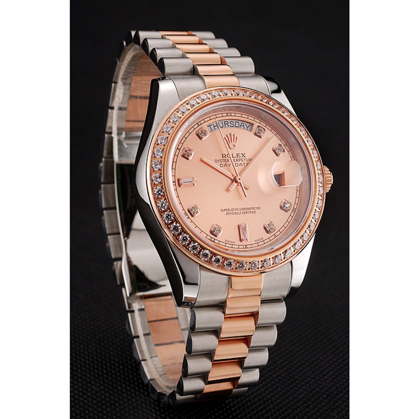 Swiss Rolex Day-Date Diamonds Bezel Rose Gold And Staineless Steel Bracelet 1454107