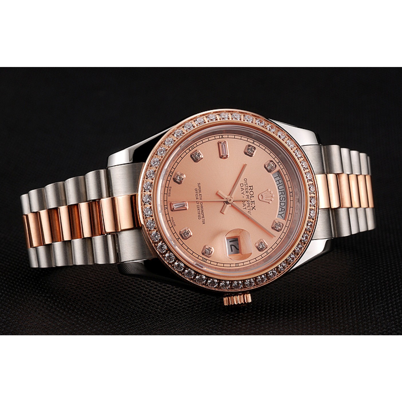 Swiss Rolex Day-Date Diamonds Bezel Rose Gold And Staineless Steel Bracelet 1454107