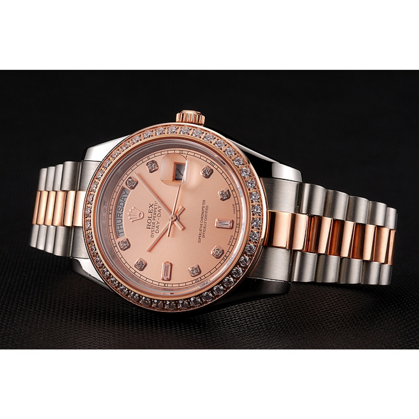 RepTime Watches Swiss Rolex Day-Date Diamonds Bezel Rose Gold And Staineless Steel Bracelet 1454107